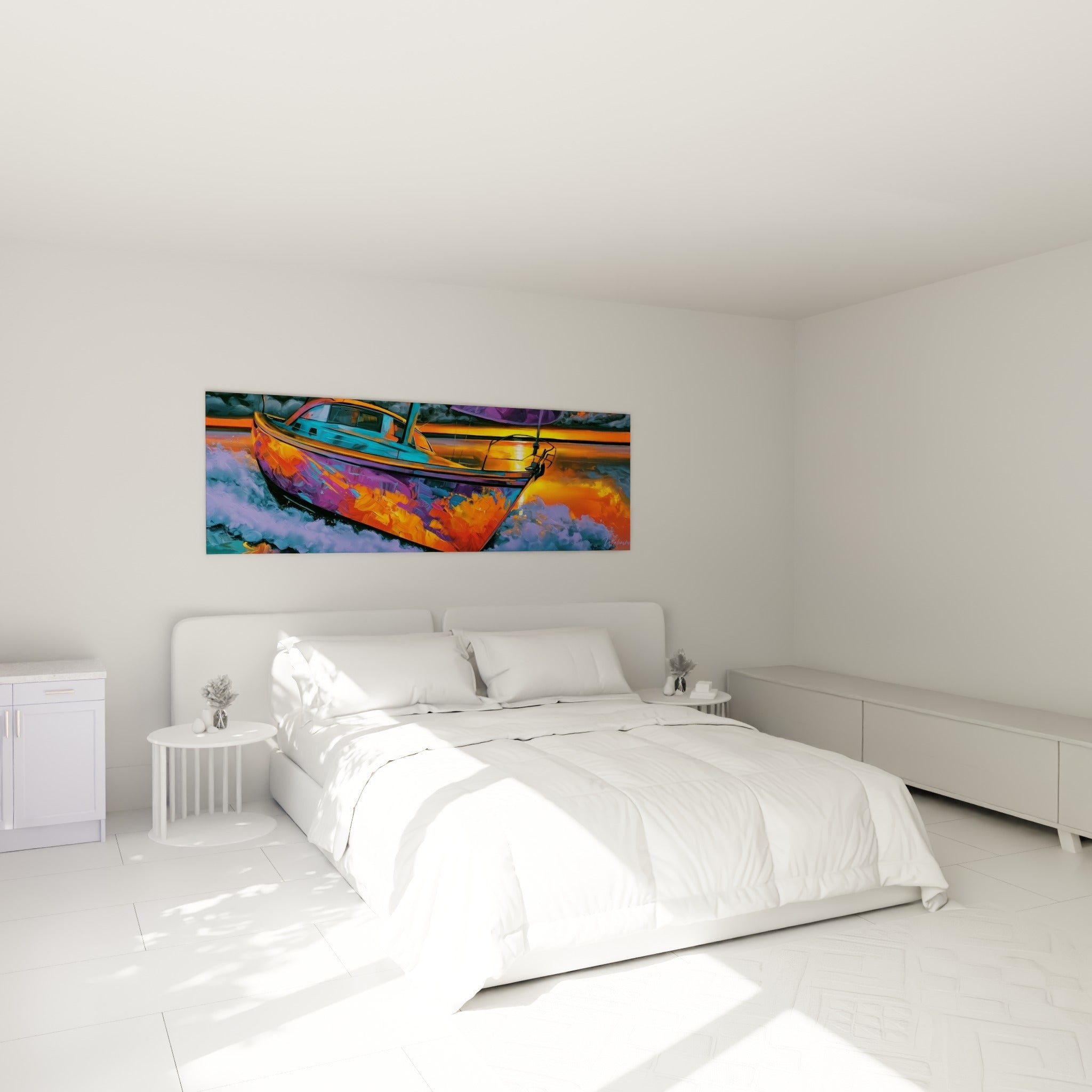 Bateau abstrait aux teintes orange et turquoise, coque illuminée par le soleil, au-dessus d'un lit dans une chambre claire