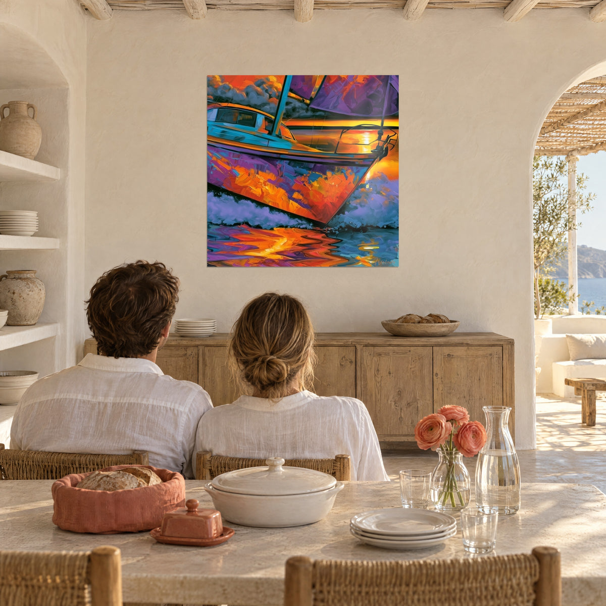 Wall art sailing ship with a purple sail, orange sunset on the water, couple seen from behind sitting beside a white stone table