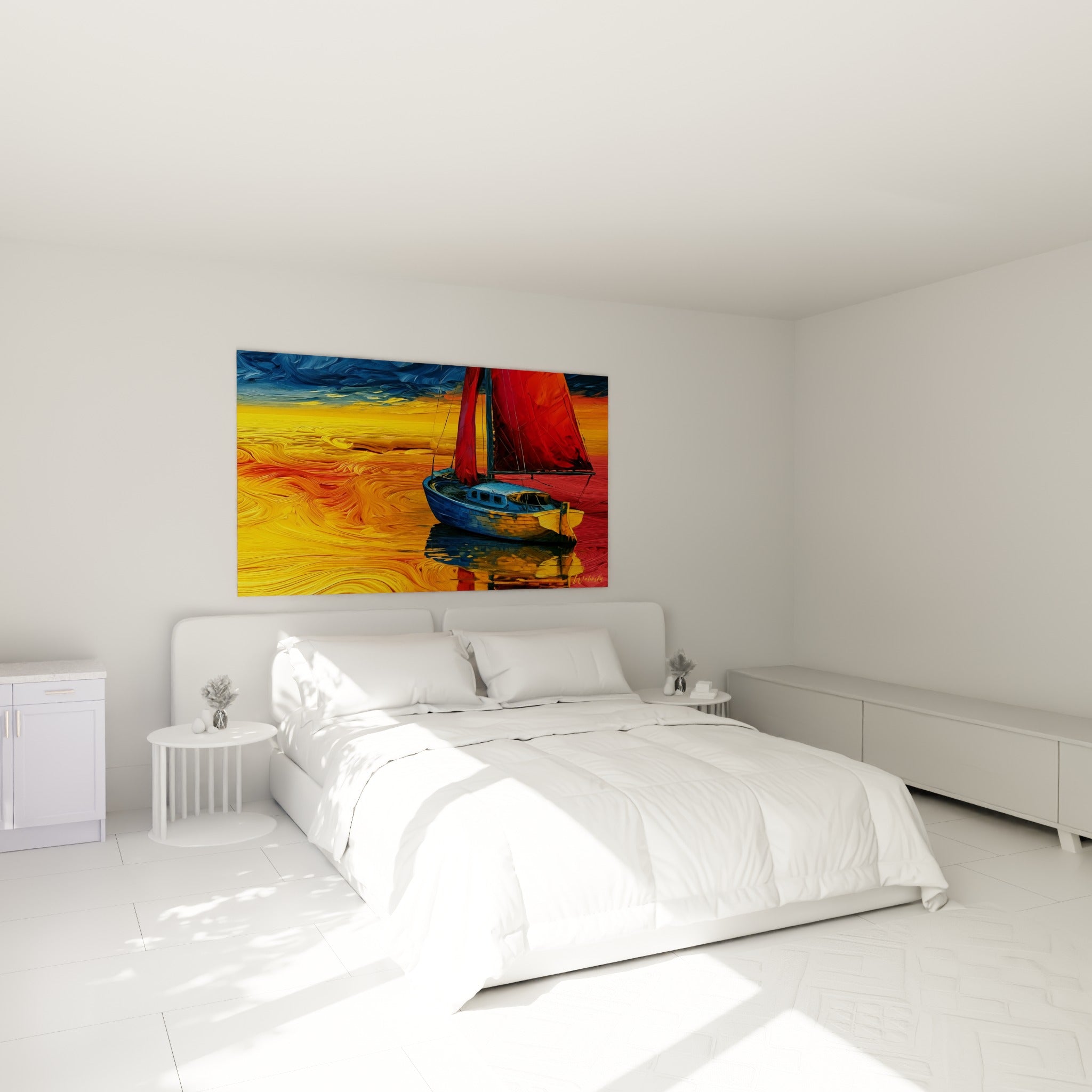 Bateau aux voiles écarlates et coque bleutée accroché au-dessus d'un lit dans une chambre claire