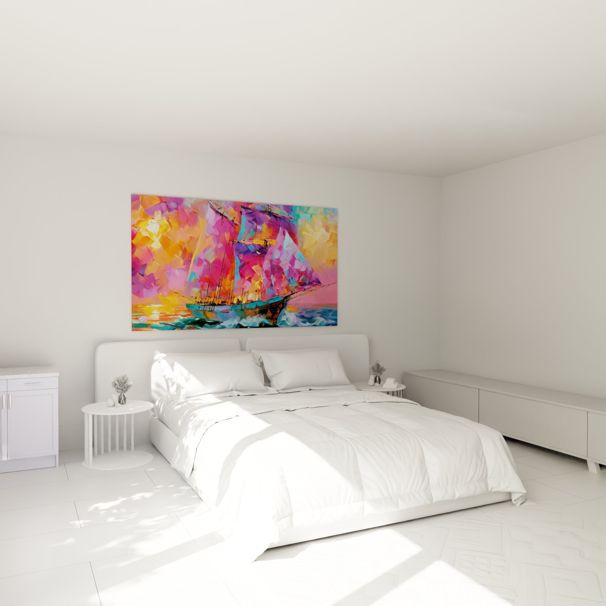 Bateau abstrait à voiles roses et violettes accroché au-dessus d'un lit dans une chambre claire