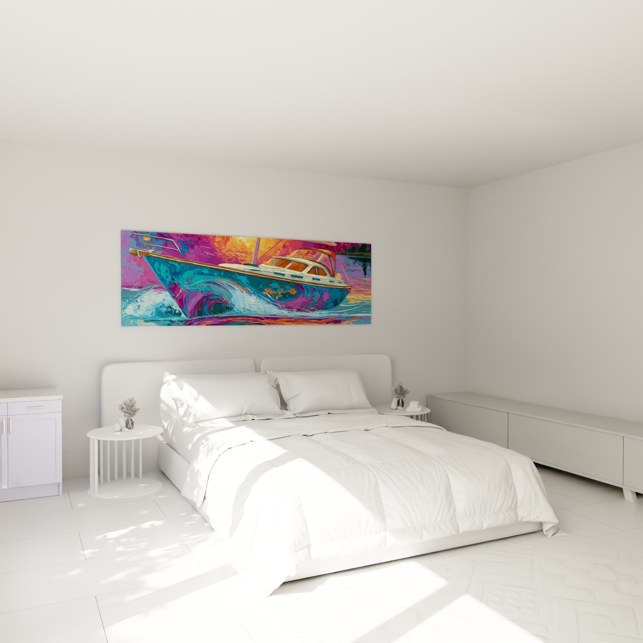 Yacht turquoise et violet peint au couteau, tableau bateau abstrait au-dessus d'un lit dans une chambre claire