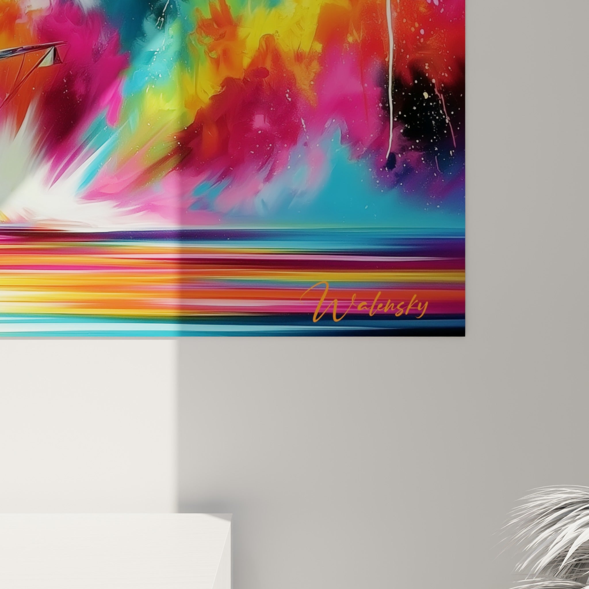 Empâtements colorés turquoise et magenta se mêlant en coulures fines sur la toile du voilier abstrait