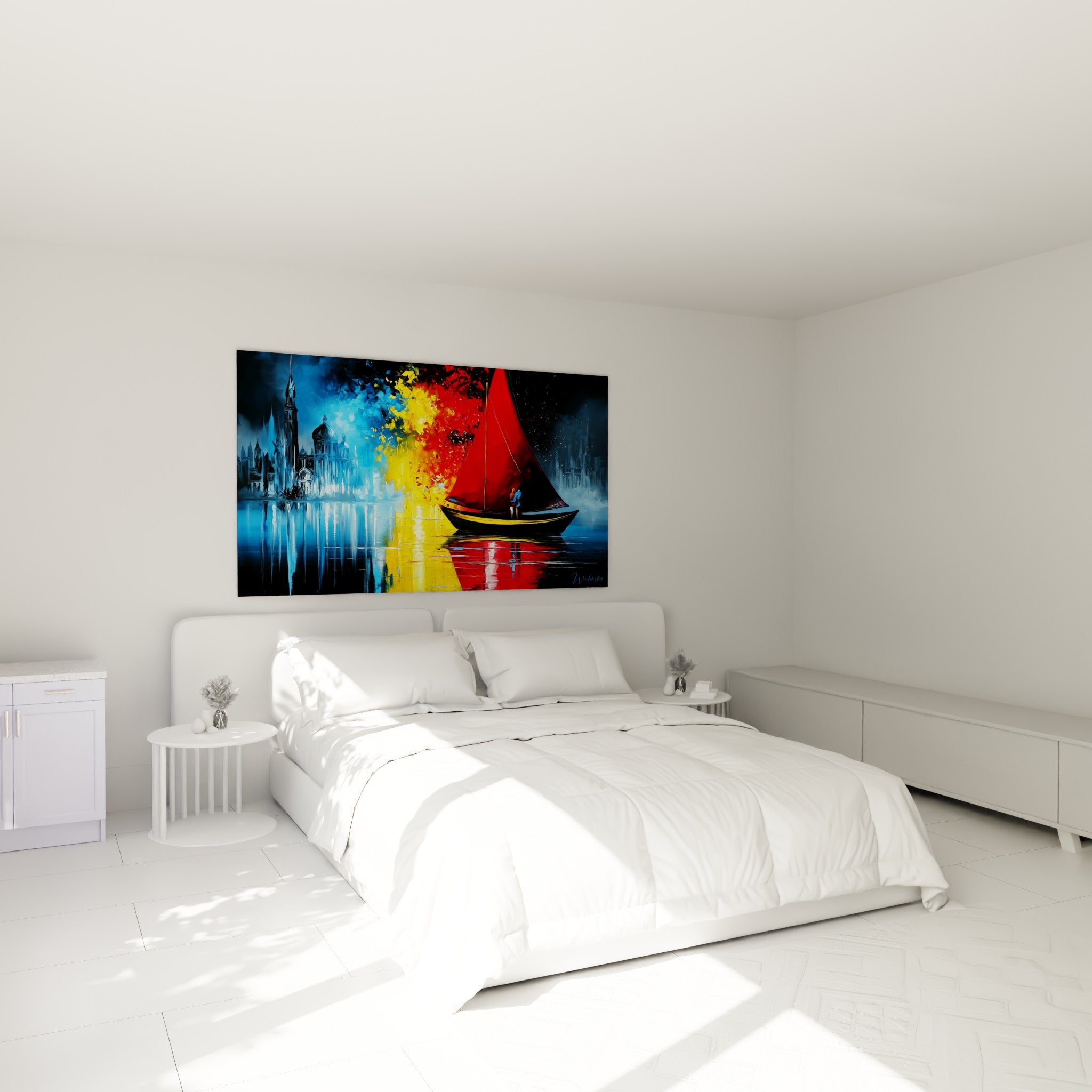Couple sur voilier rouge traversant une ville bleue embrasée d'or, accroché au-dessus d'un lit dans une chambre claire