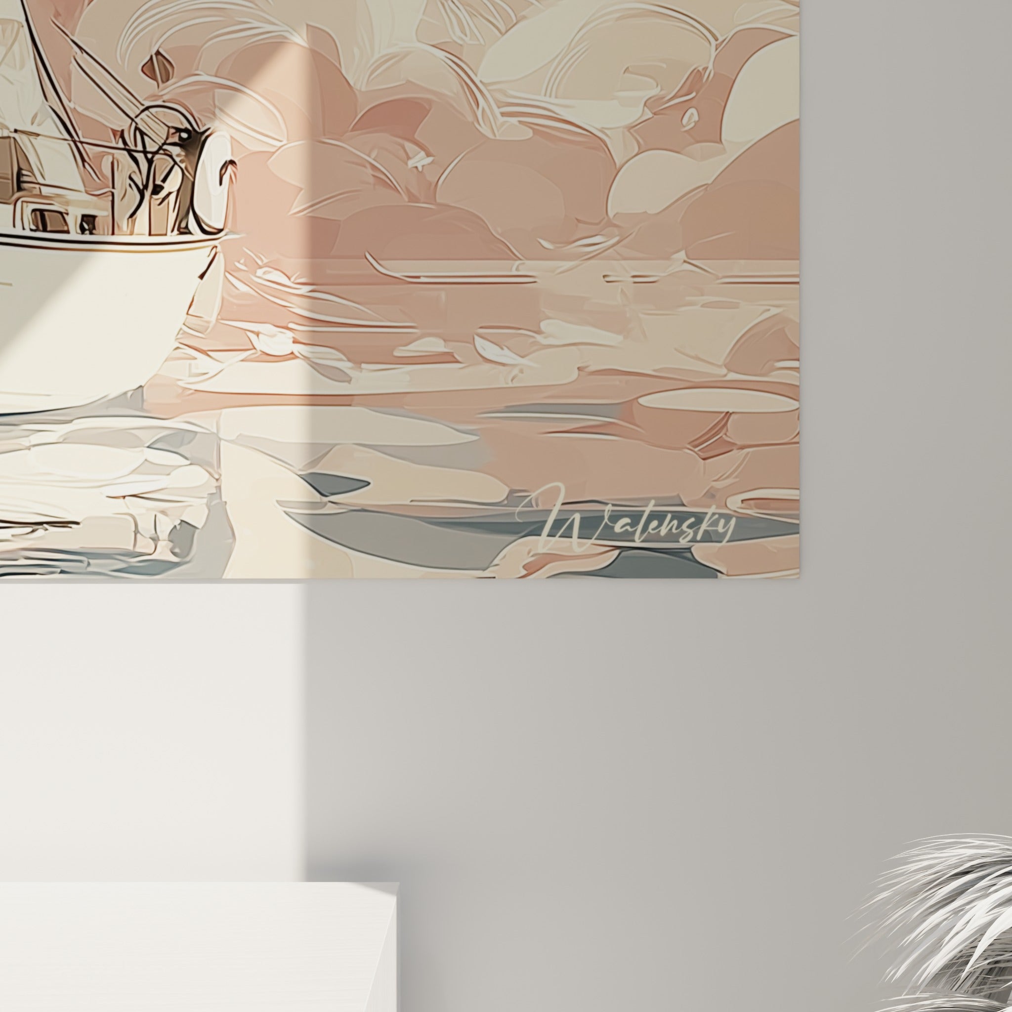 Détail du voilier révélant les nuances rose poudré et beige, avec le grain fin de l'impression sur toile
