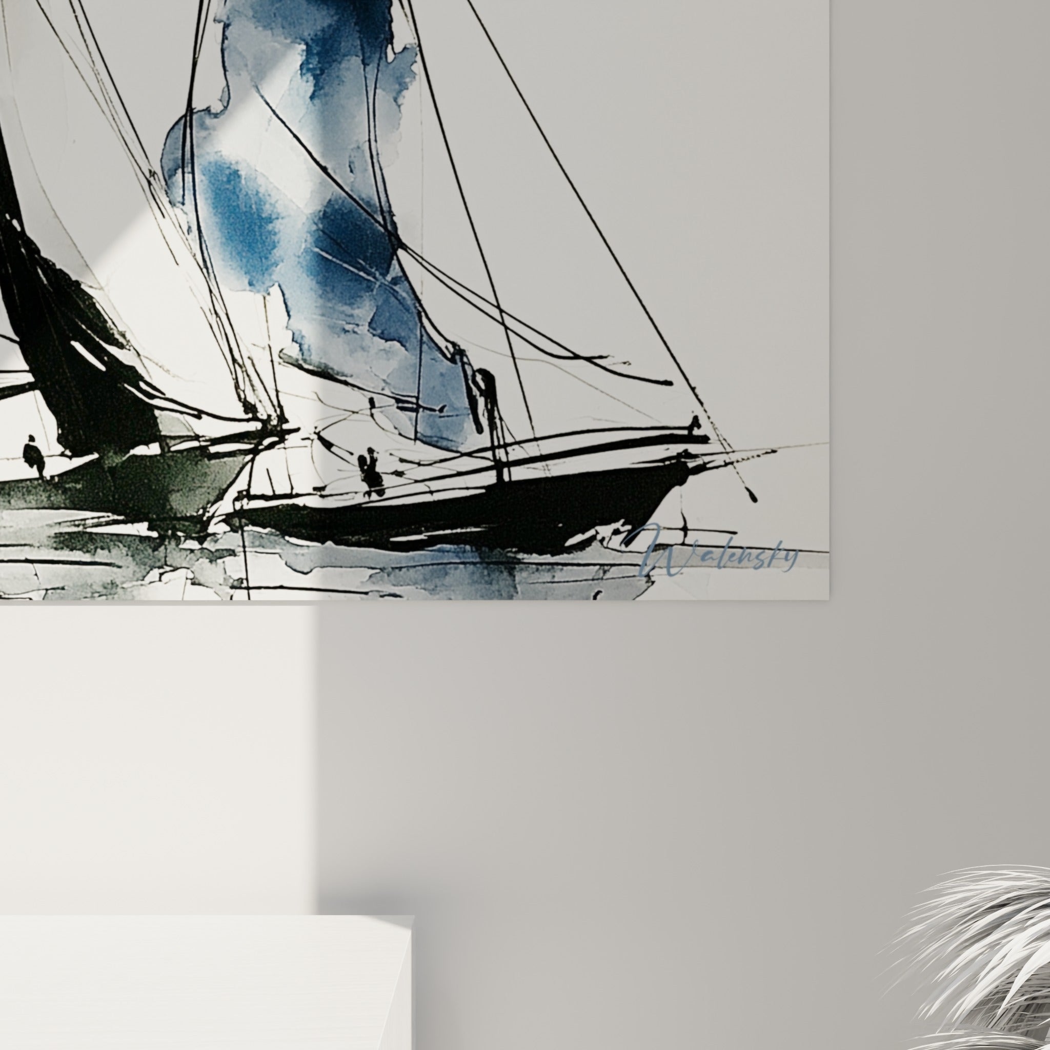 Détail des voiles à l'encre, coulures bleu marine et orange se mêlant sur la toile près du mât