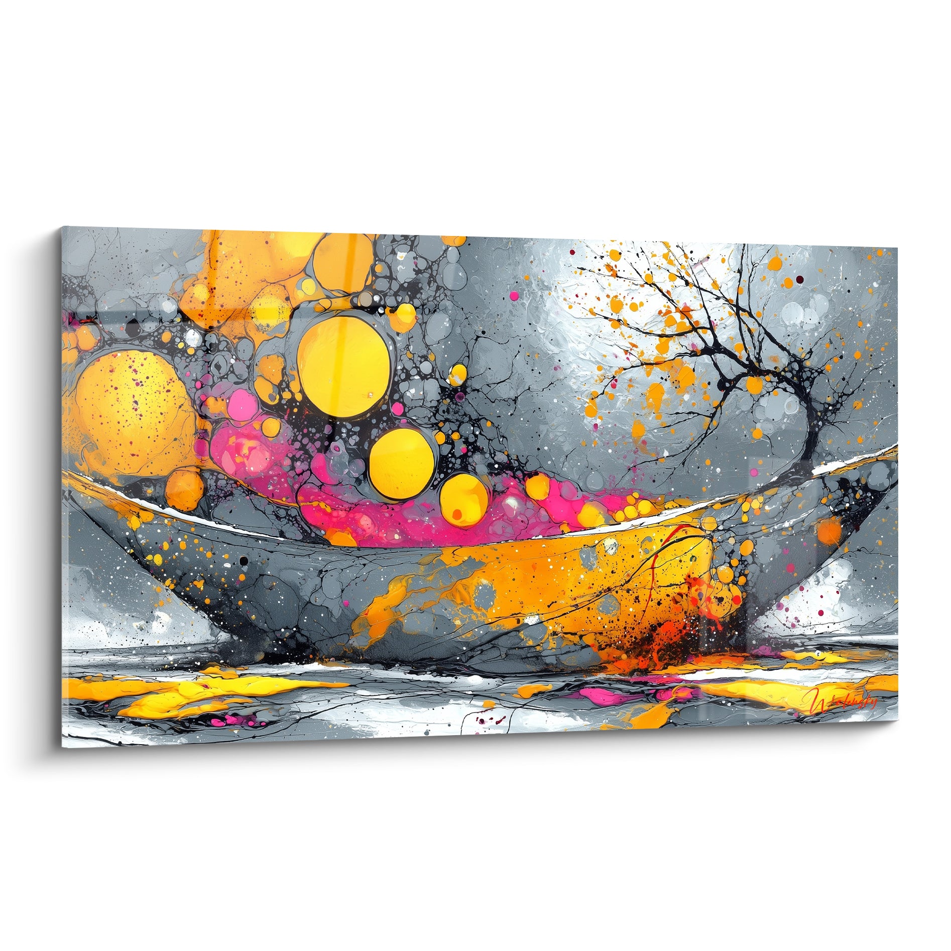 Bateau abstrait jaune doré traversant un fond anthracite éclaboussé de rose fuchsia intense
