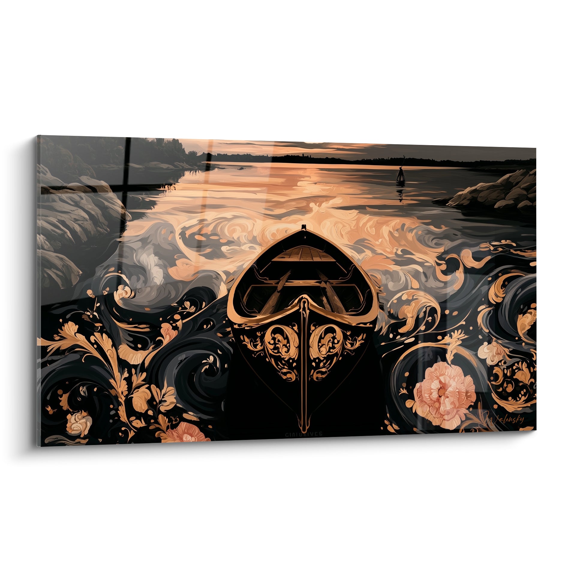 Barque noire aux volutes dorées voguant vers un coucher de soleil orangé et rose sur l'eau calme