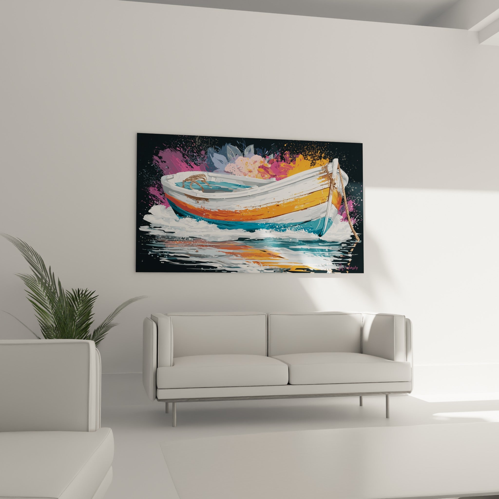 Coque orange et bleu marine de la barque au-dessus d'un canapé dans un salon lumineux