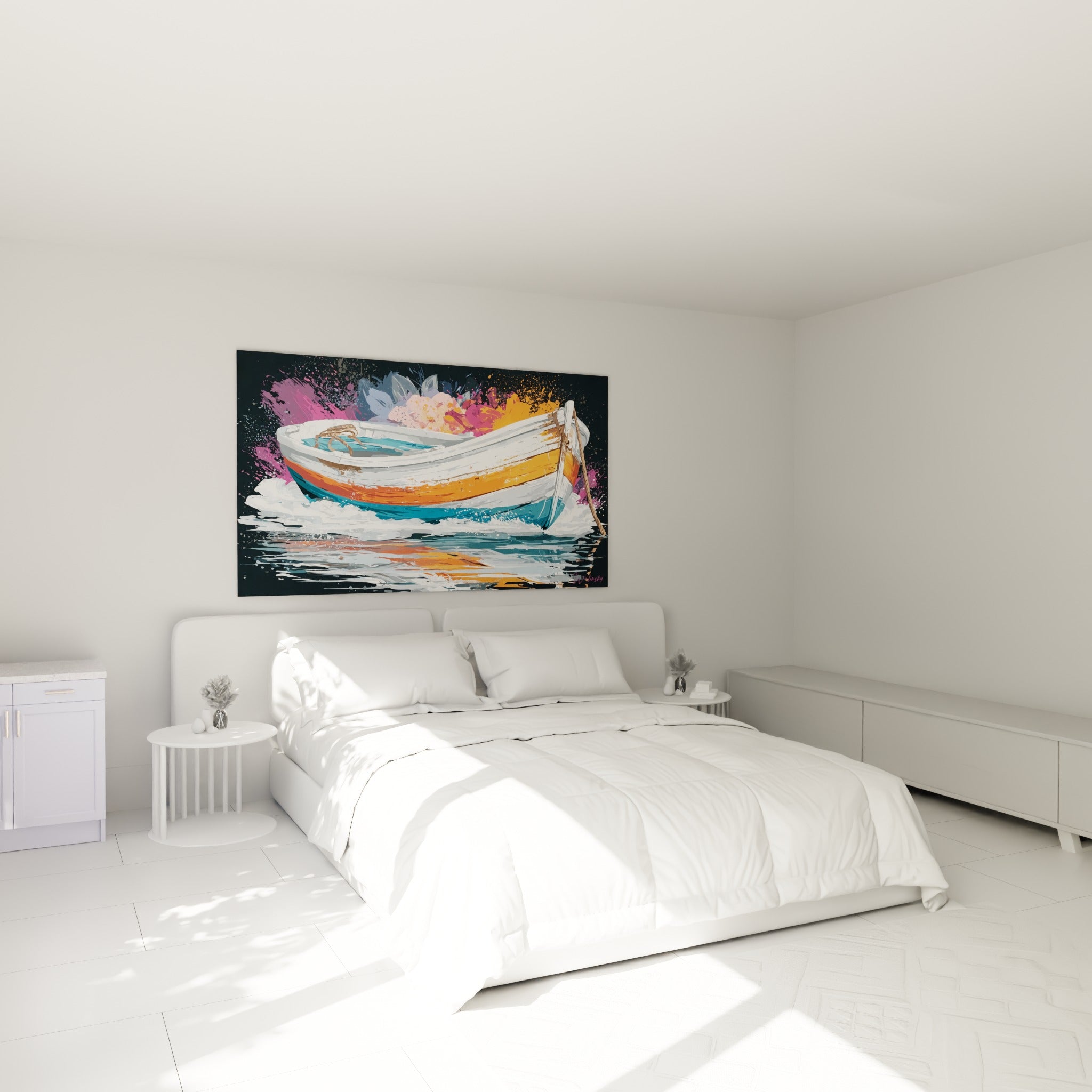 Barque échouée aux teintes orange et bleues au-dessus d'un lit dans une chambre claire
