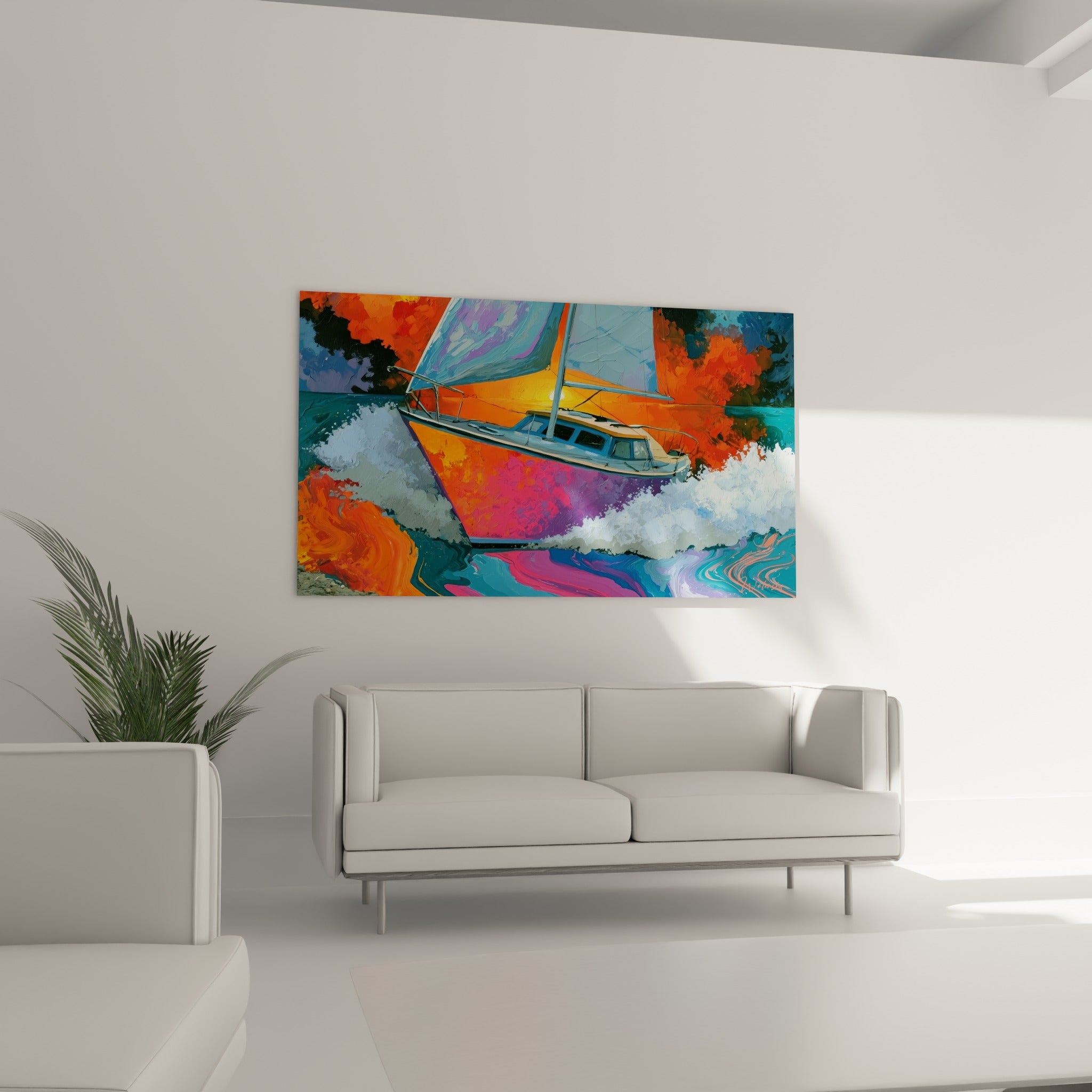 Voilier turquoise et pourpre en pleine traversée, tableau accroché au-dessus d'un canapé dans un salon lumineux