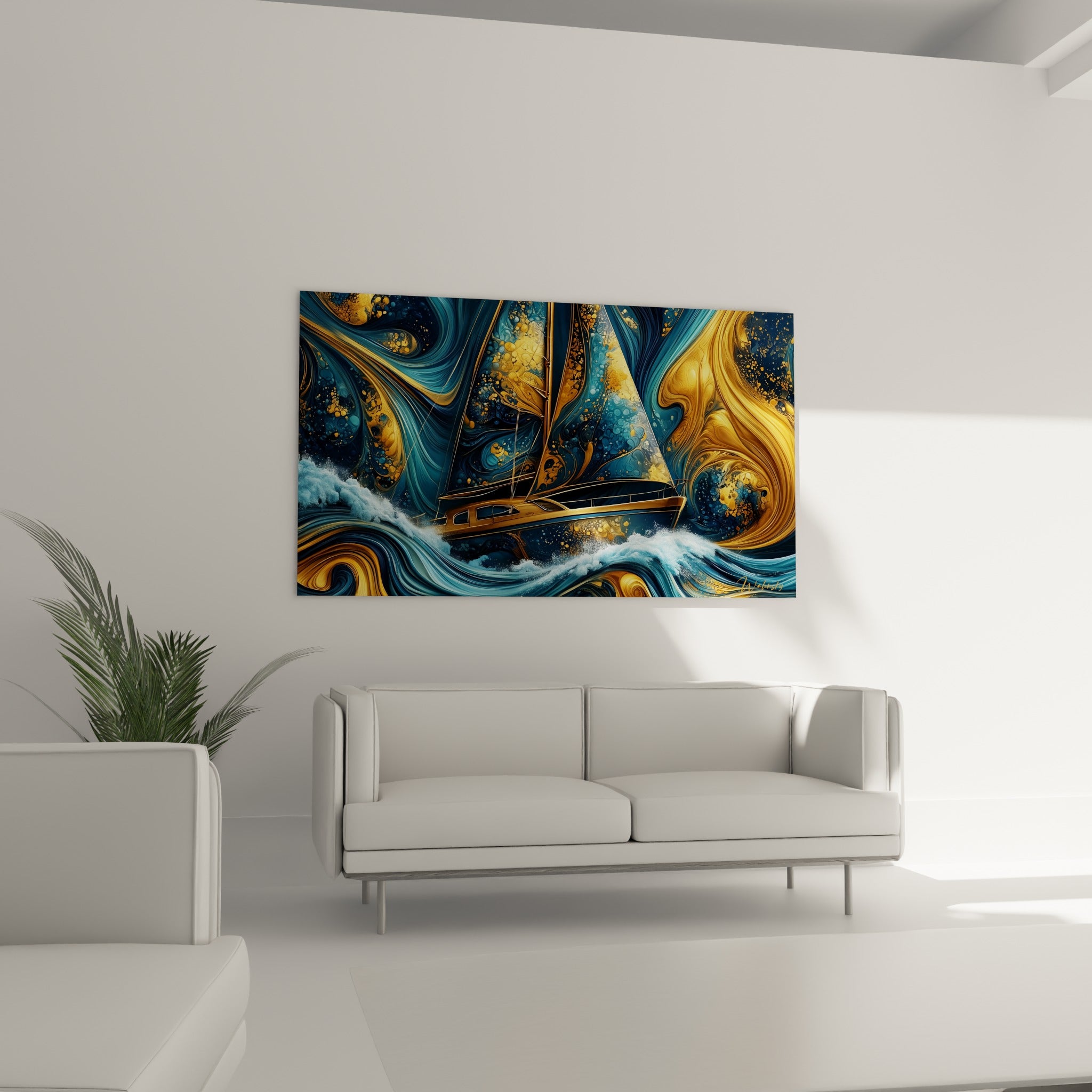 Bateau ocre et bleu marine voguant dans l'écume au-dessus d'un canapé dans un salon lumineux