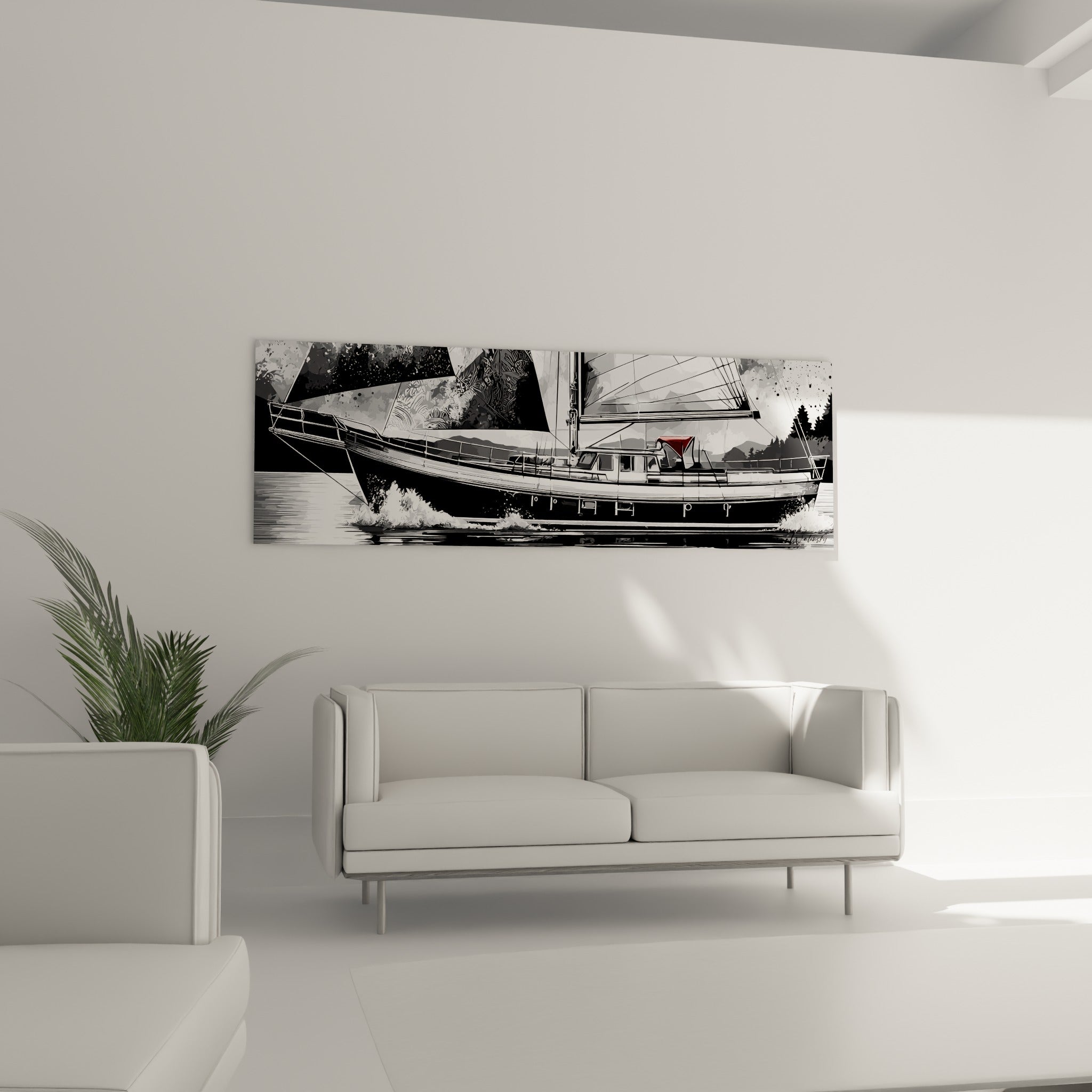 Bateau abstrait aux tons anthracite et blanc, positionné au-dessus d'un canapé dans un salon lumineux