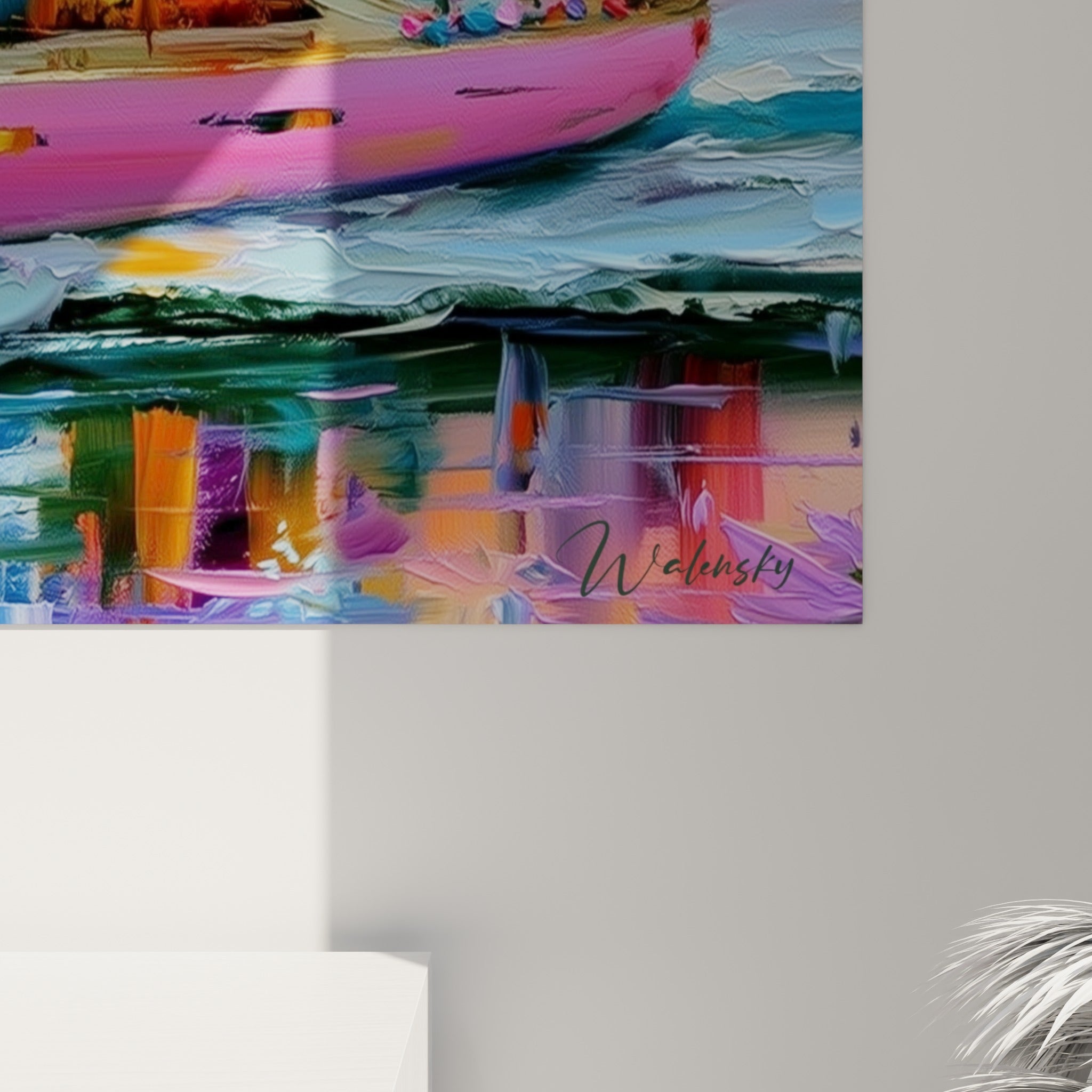 Matière picturale du voilier rose révélant empâtements et coulures orange et bleu turquoise