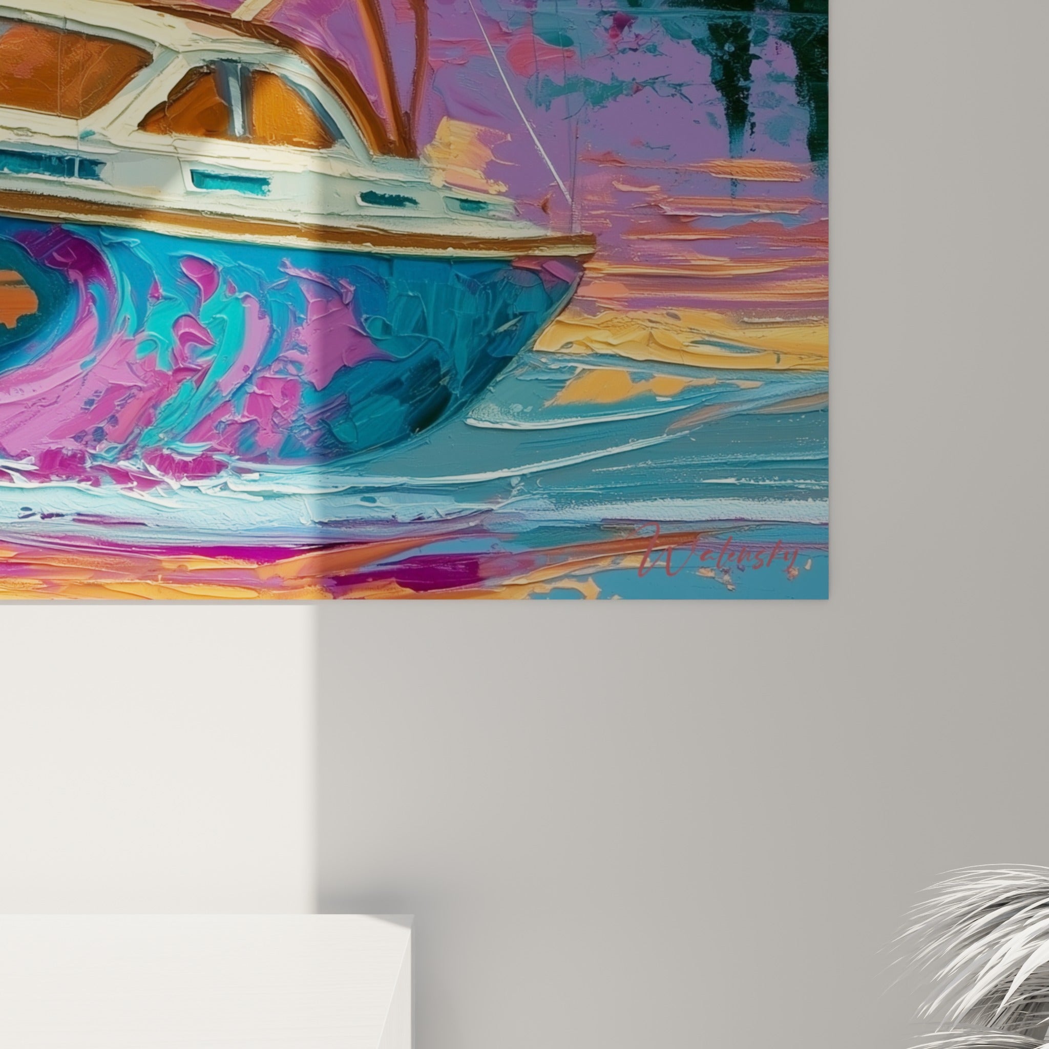 Empâtements épais en turquoise, violet et orangé révélant la matière peinte de la vague et du bateau abstrait