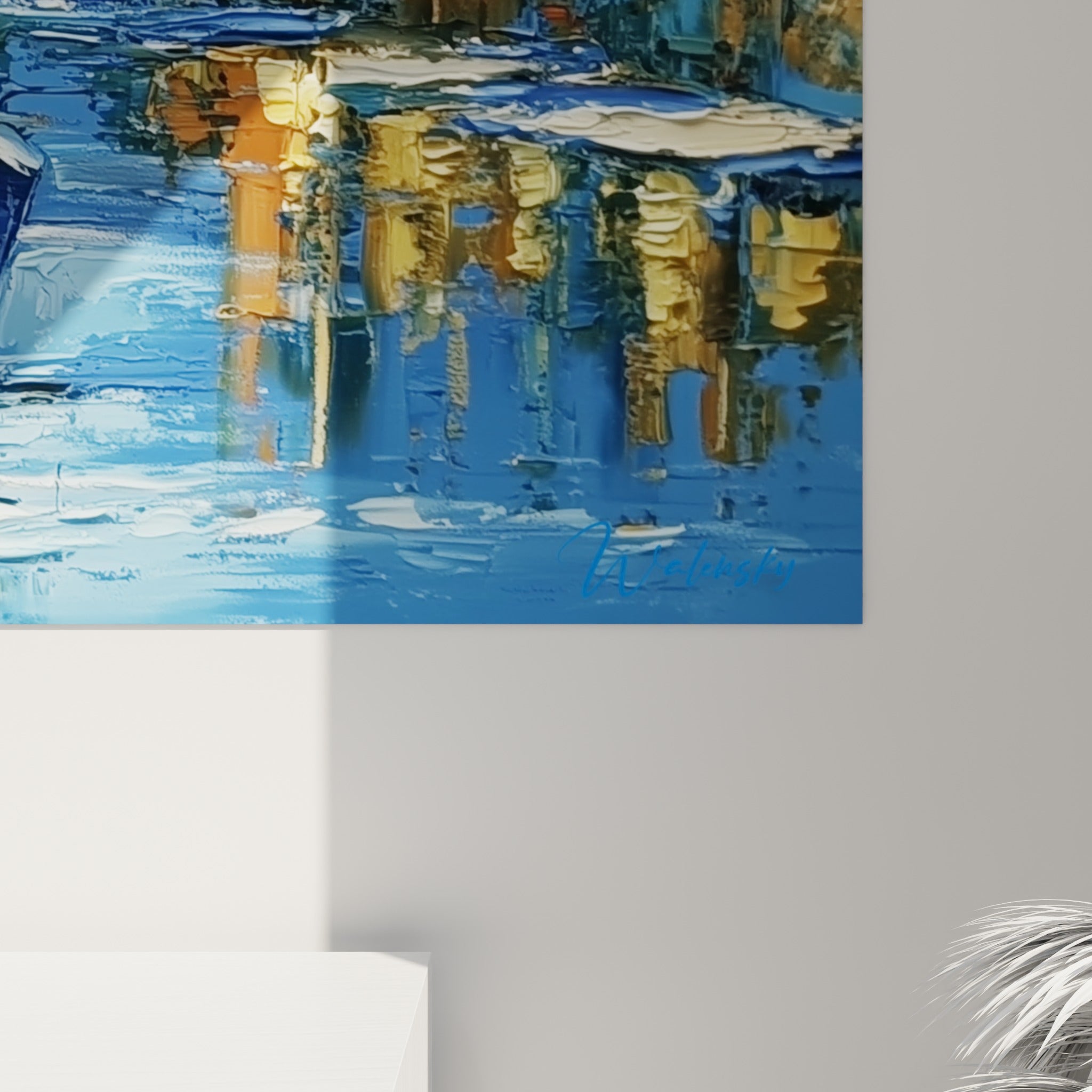 Empâtements épais révélant les coulures bleues et dorées de la coque et des reflets sur l'eau peinte