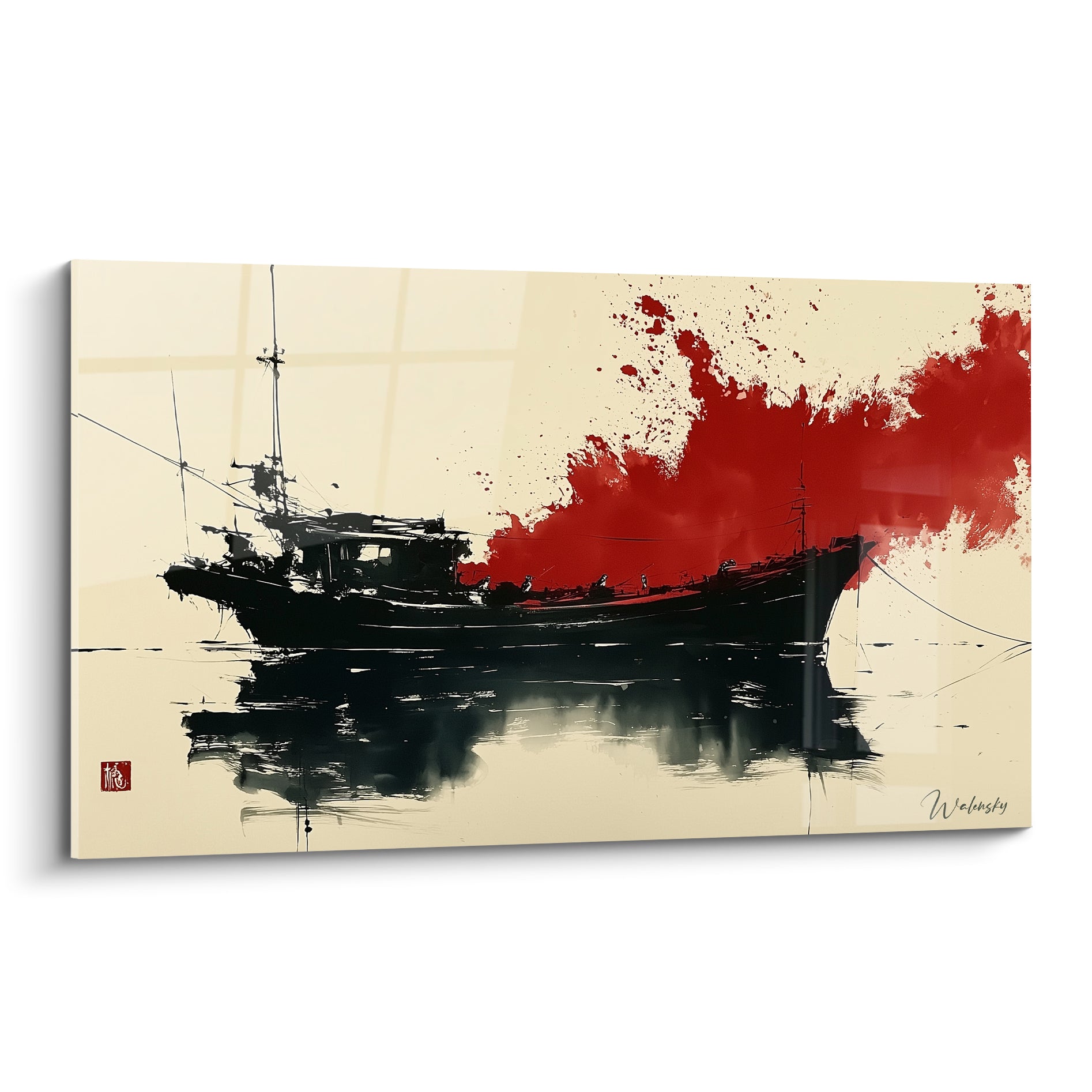 Bateau abstrait à la coque noire encre, embarcation flottant sous une éclaboussure rouge sur fond ivoire