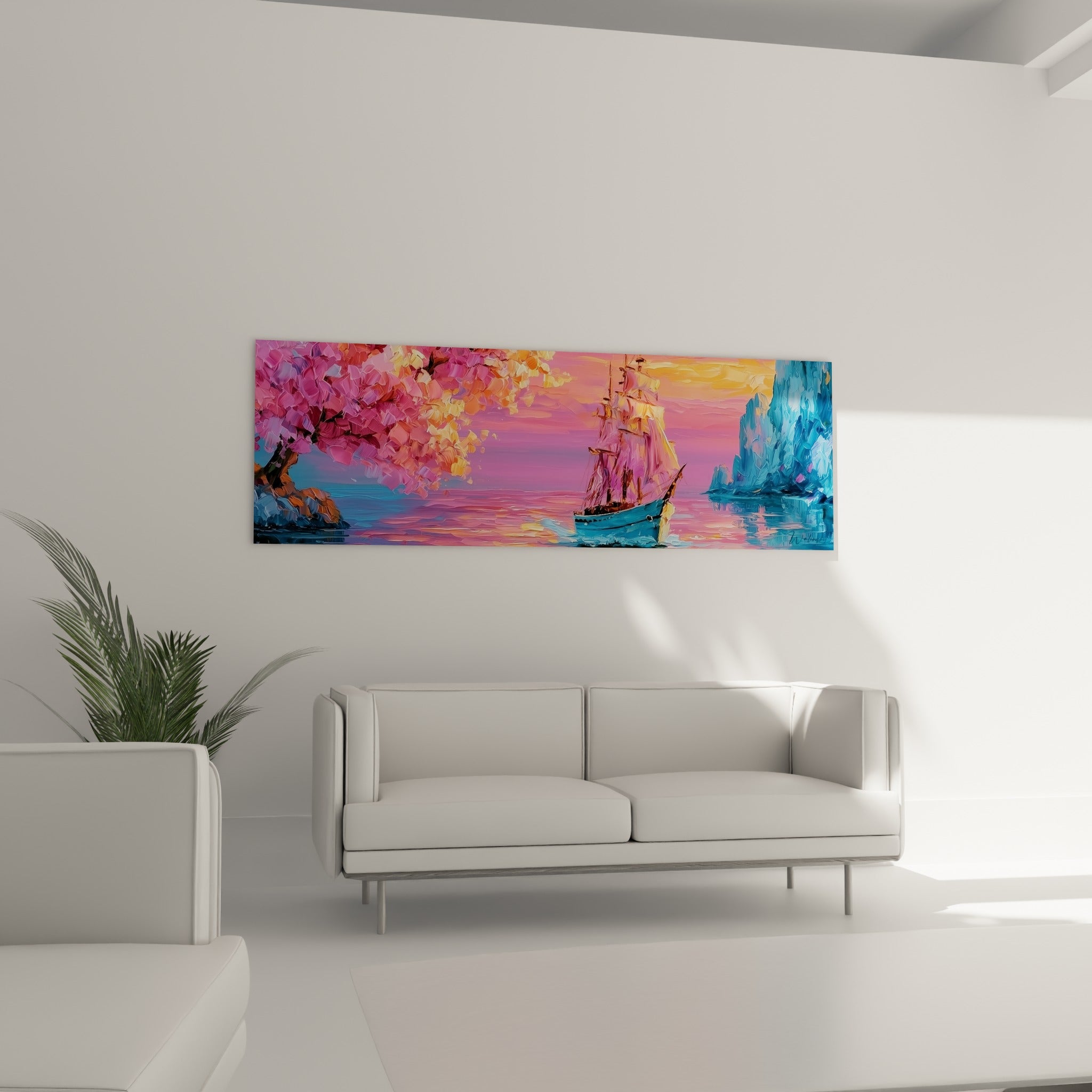 Falaises turquoise et voilier au coucher de soleil orangé, disposés au-dessus d'un canapé dans un salon lumineux