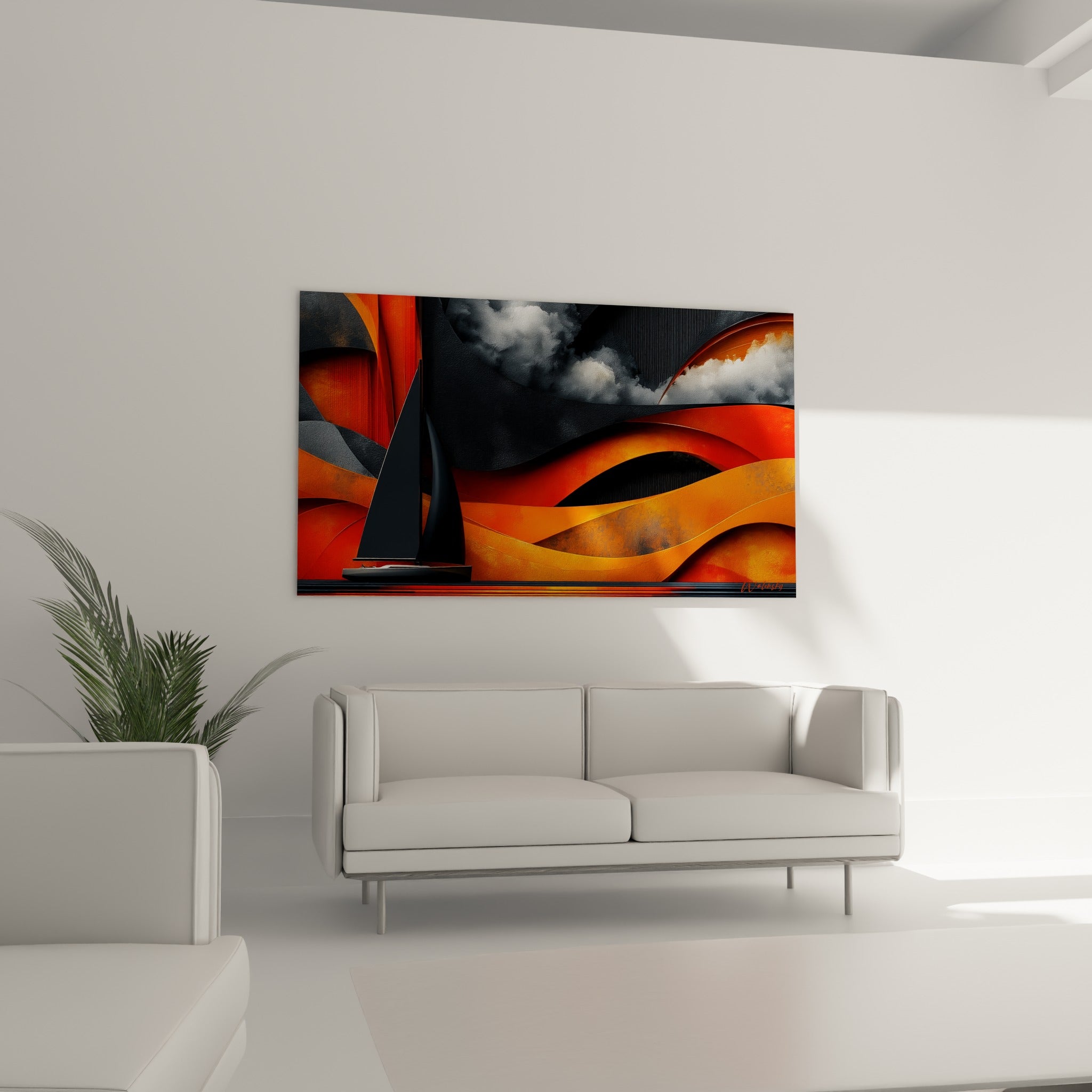 Silhouette d'un voilier noir sur fond orange et anthracite, tableau bateau abstrait au-dessus d'un canapé dans un salon lumineux