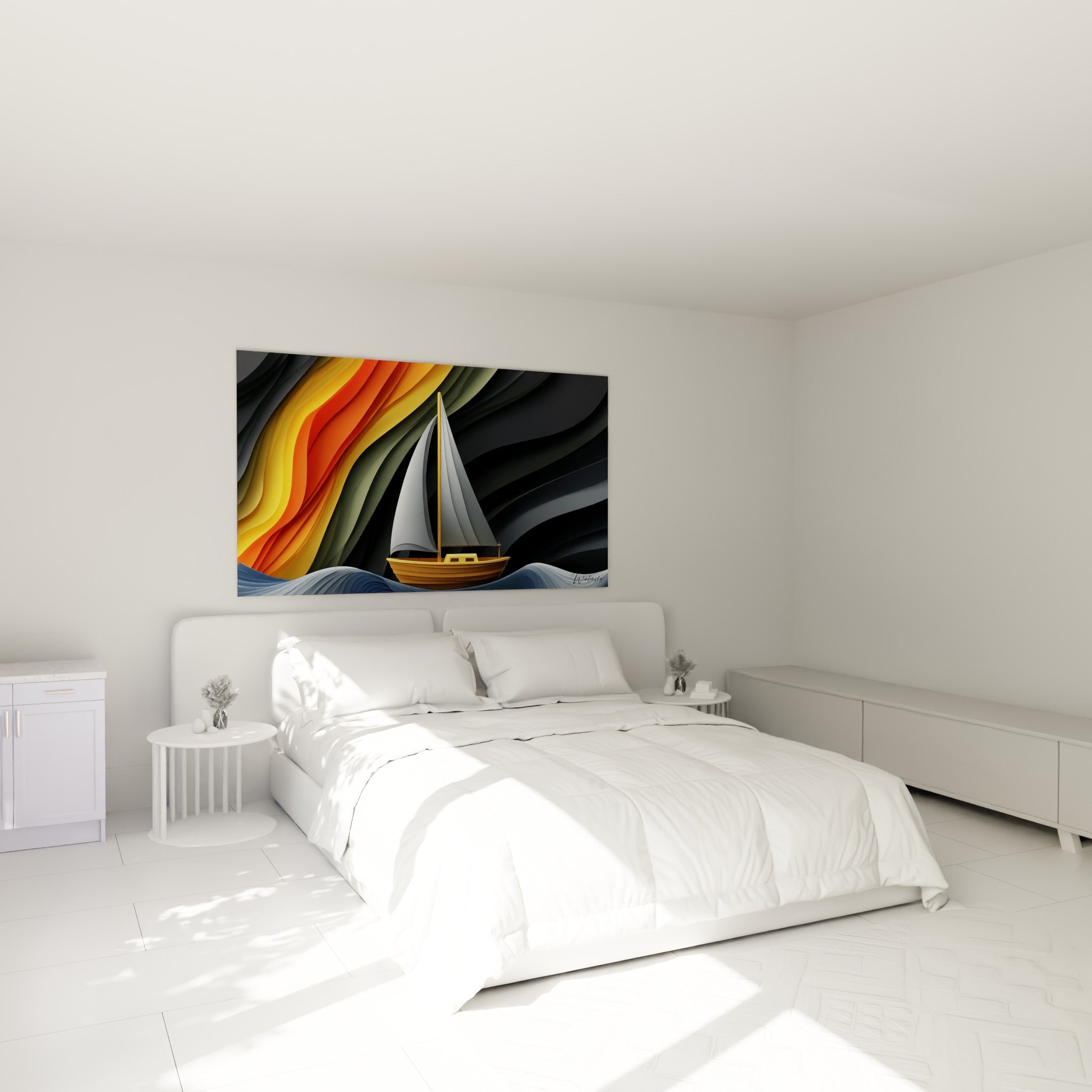 Petit voilier doré glissant sur des vagues anthracite et ocre, accroché au-dessus d'un lit dans une chambre claire