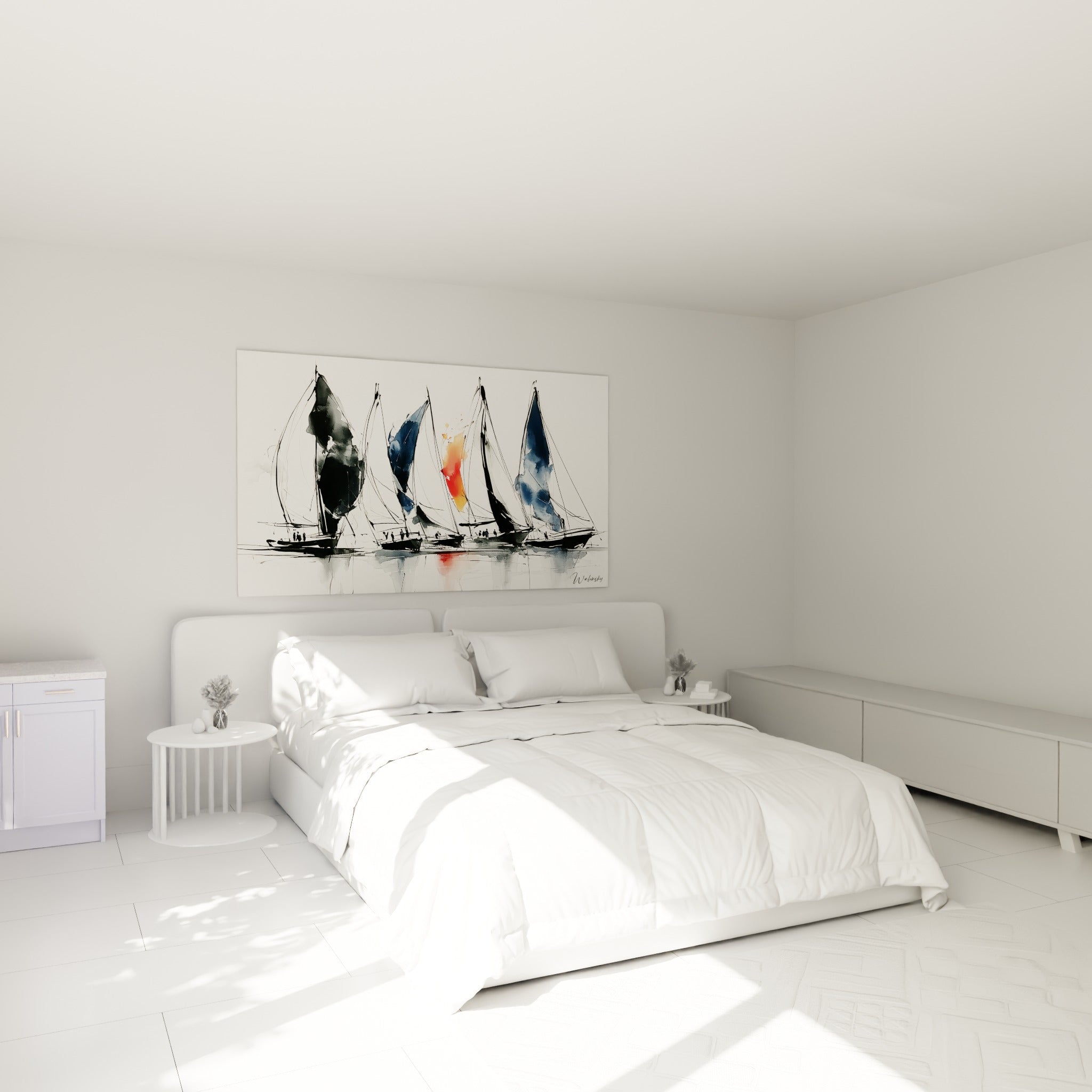 Flottille aux voiles noires et bleu marine surmontée d'une touche orangée, au-dessus d'un lit dans une chambre claire