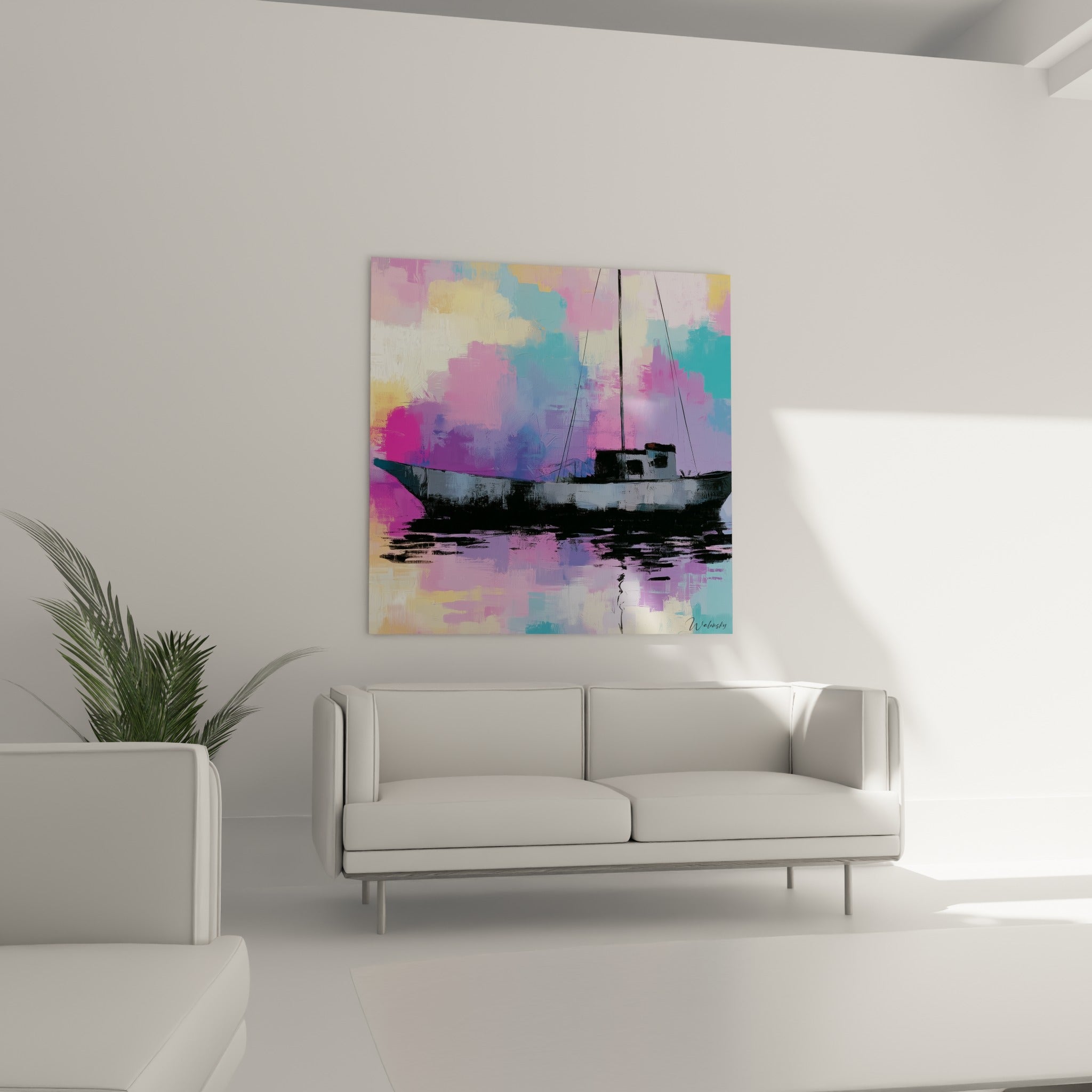 Embarcation abstraite aux reflets fuchsia et bleu ciel, suspendue au-dessus d'un canapé dans un salon lumineux