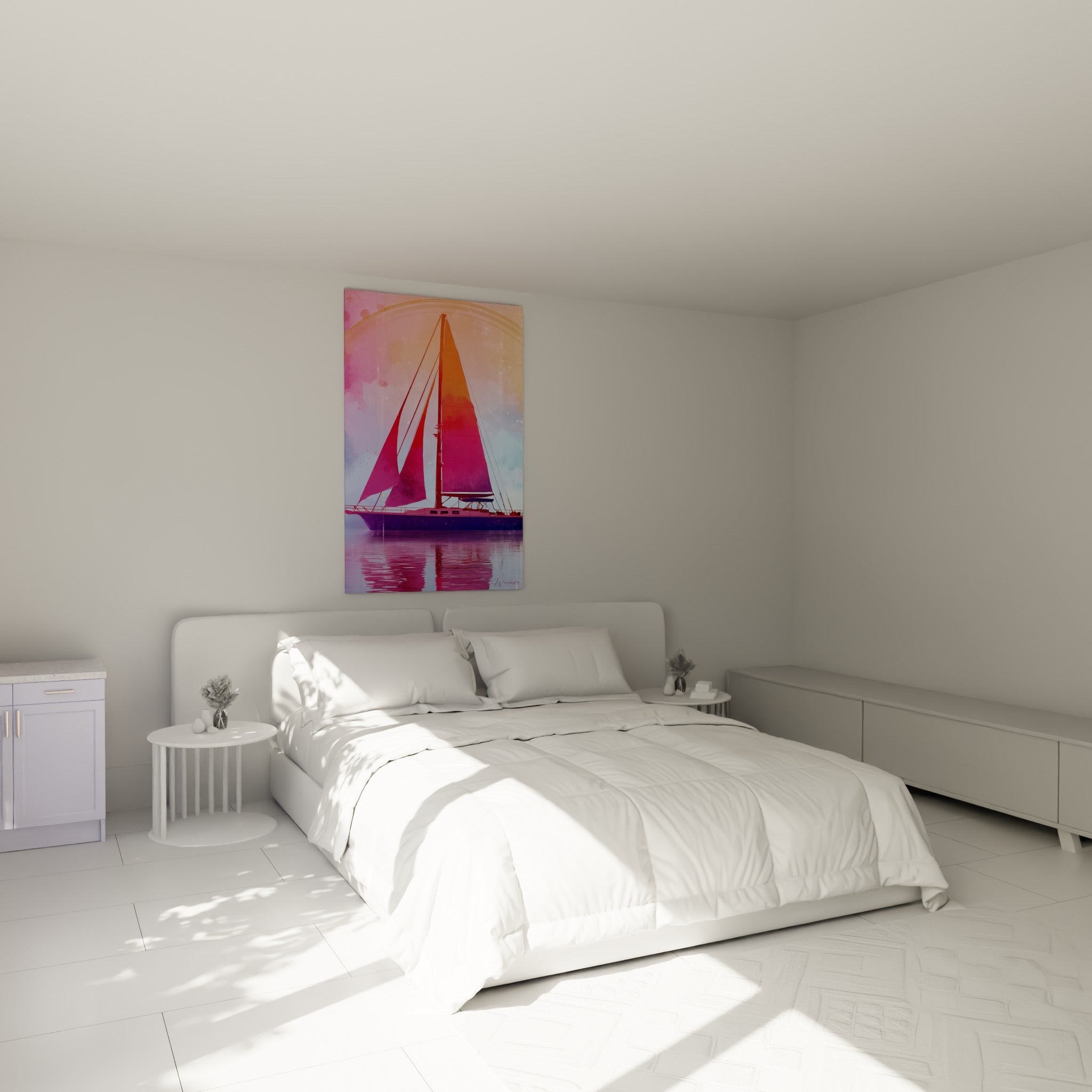 Voilier rose fuchsia et orangé accroché au-dessus d'un lit dans une chambre claire