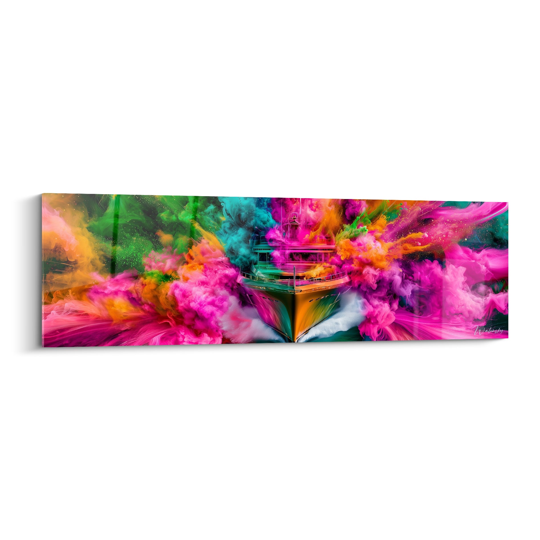 Yacht fendant des fumées rose fuchsia et turquoise, proue dorée, tableau bateau abstrait explosif