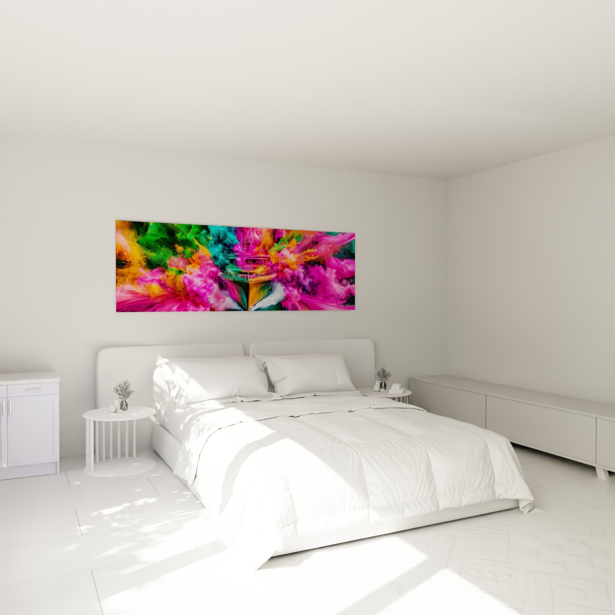 Proue de yacht entourée de fumées vertes et fuchsia, tableau bateau abstrait au-dessus d'un lit dans une chambre claire
