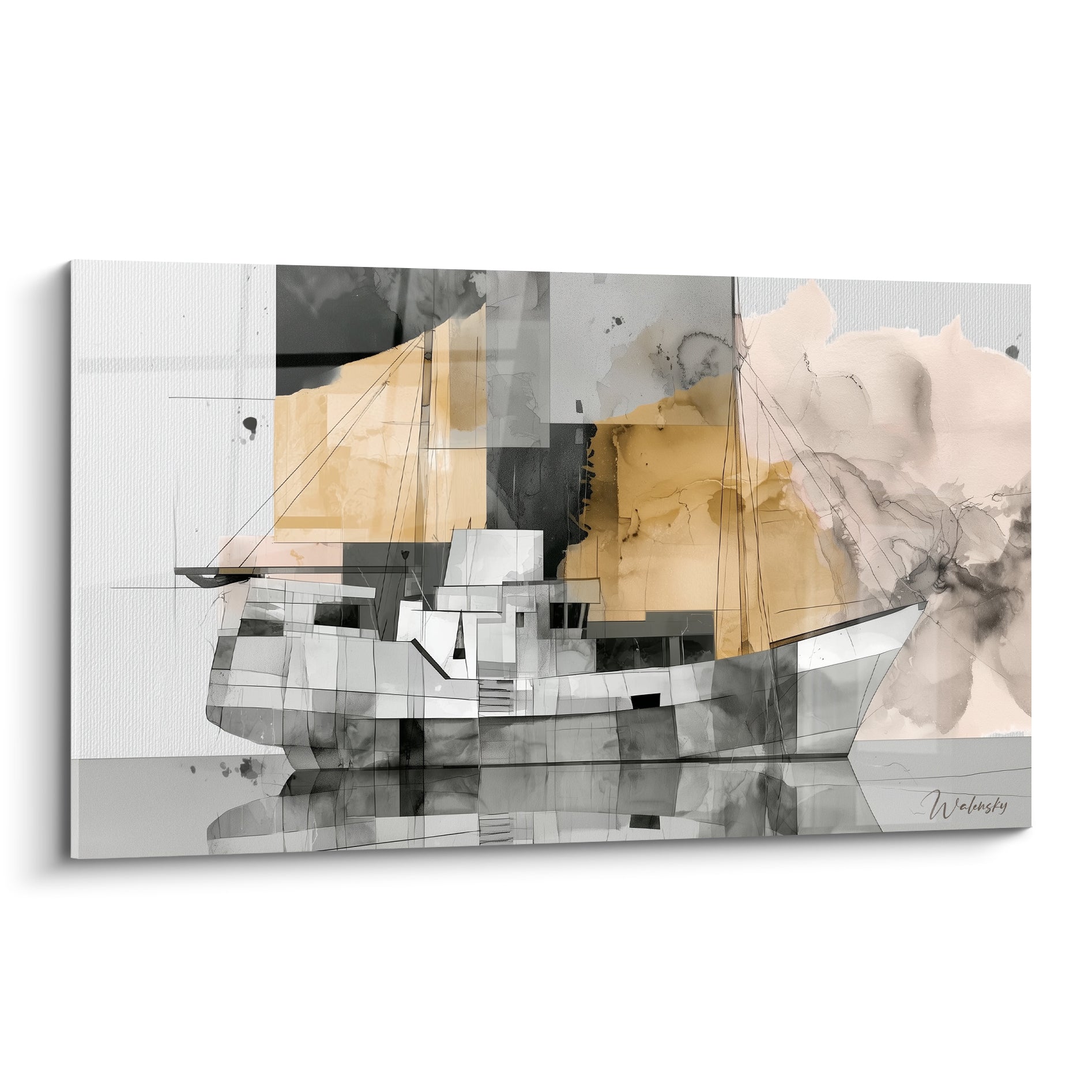 Voilier abstrait gris anthracite et ocre, coque géométrique sur reflet sombre d'eau calme