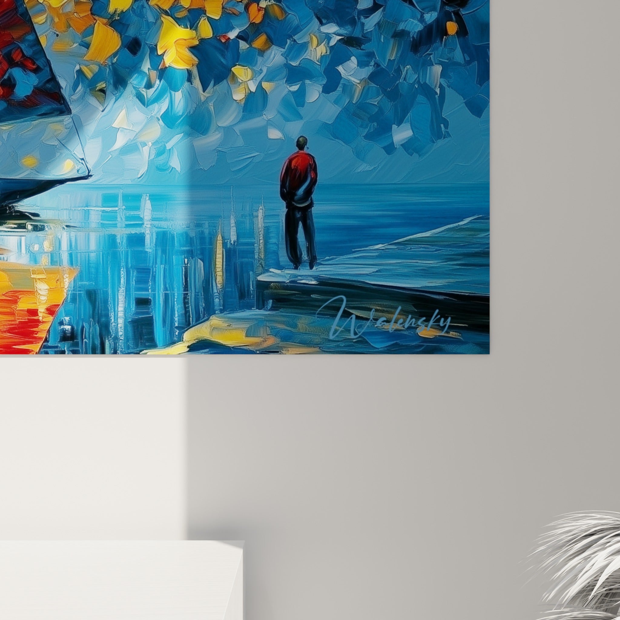 Empâtements orange et bleu marine se mêlant en reliefs épais sur la toile du voilier