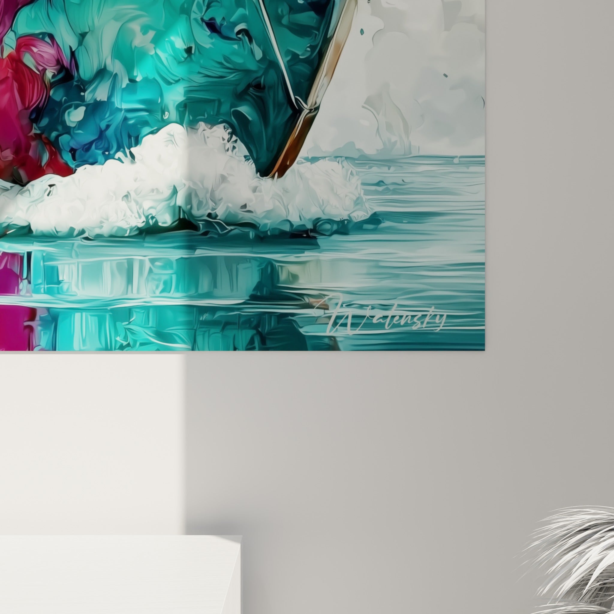 Empâtements colorés en turquoise, violet et orangé révélant la matière fluide de la toile de près