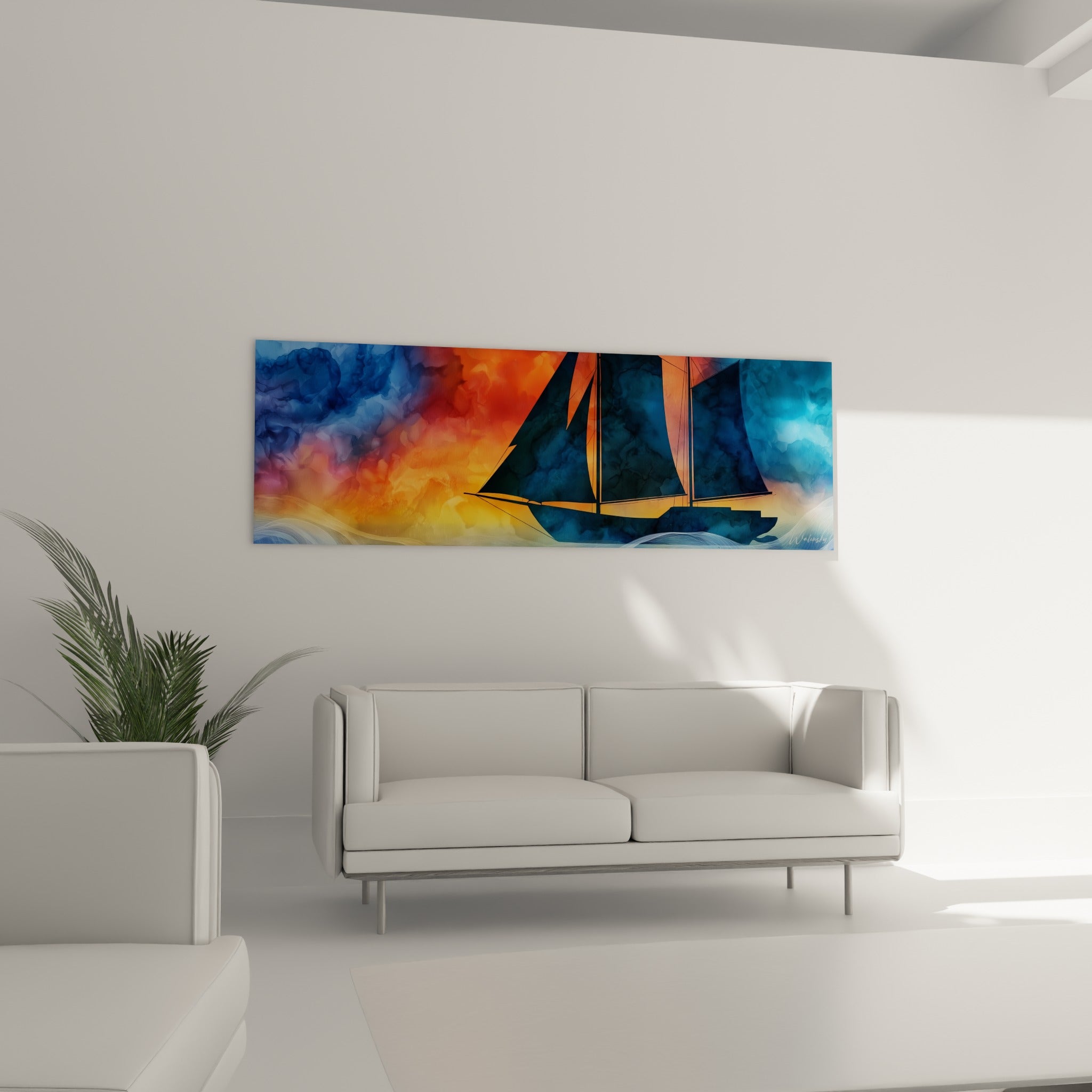 Coque sombre et voiles bleu marine du tableau bateau abstrait au-dessus d'un canapé dans un salon lumineux