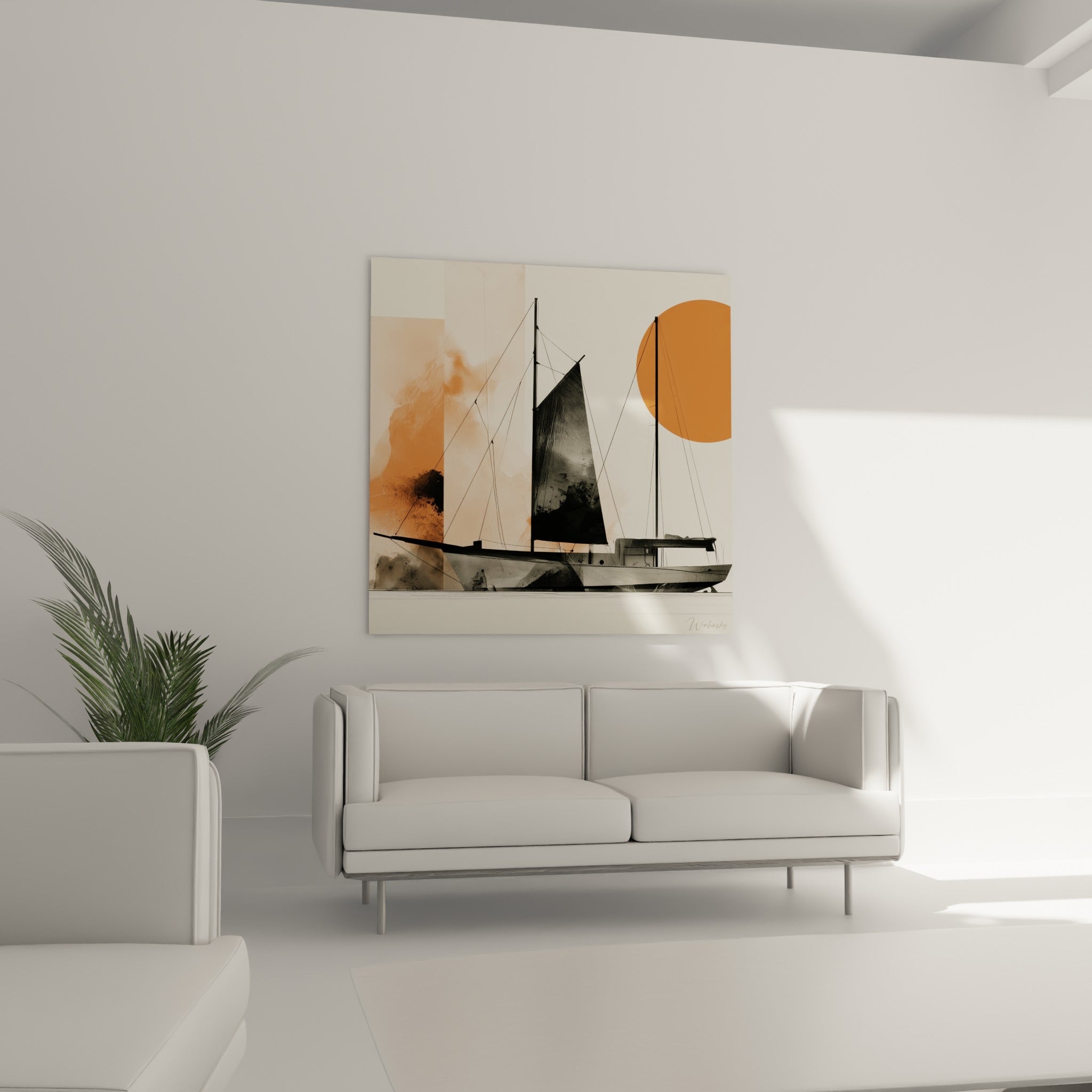 Mâts fins et coque grise du tableau bateau abstrait au-dessus d'un canapé dans un salon lumineux