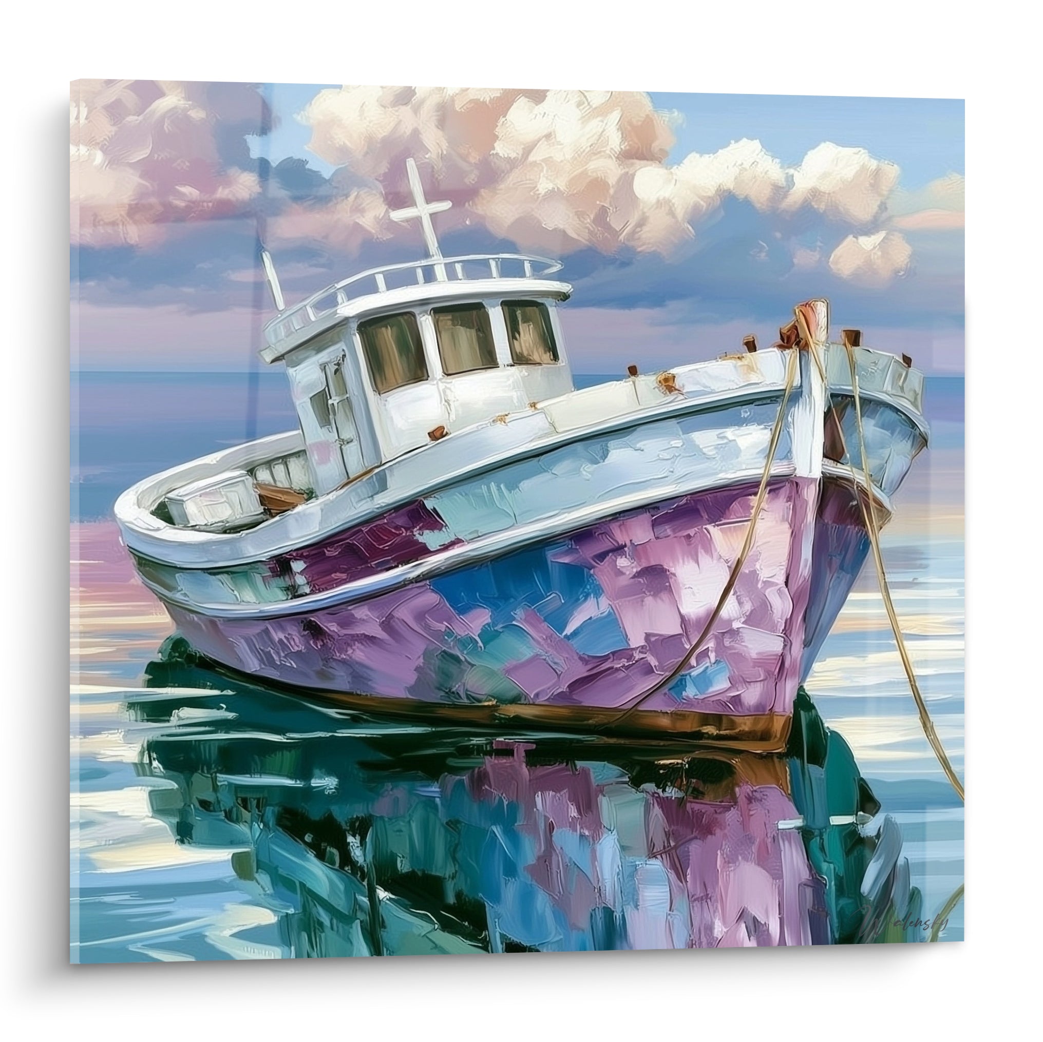 Bateau de pêche mauve et blanc flottant sur une eau bleu pastel calme