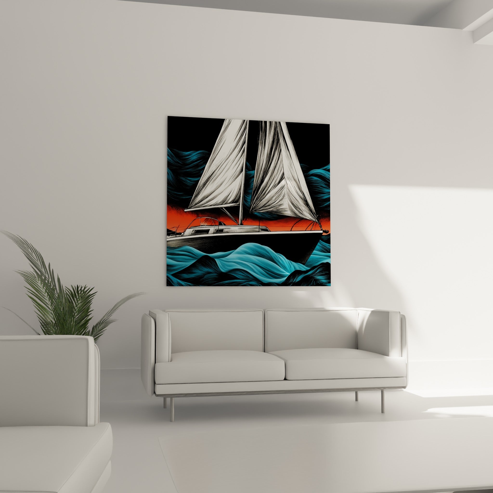 Bateau à voiles blanches traversant une mer turquoise agitée, tableau bateau abstrait au-dessus d'un canapé dans un salon lumineux