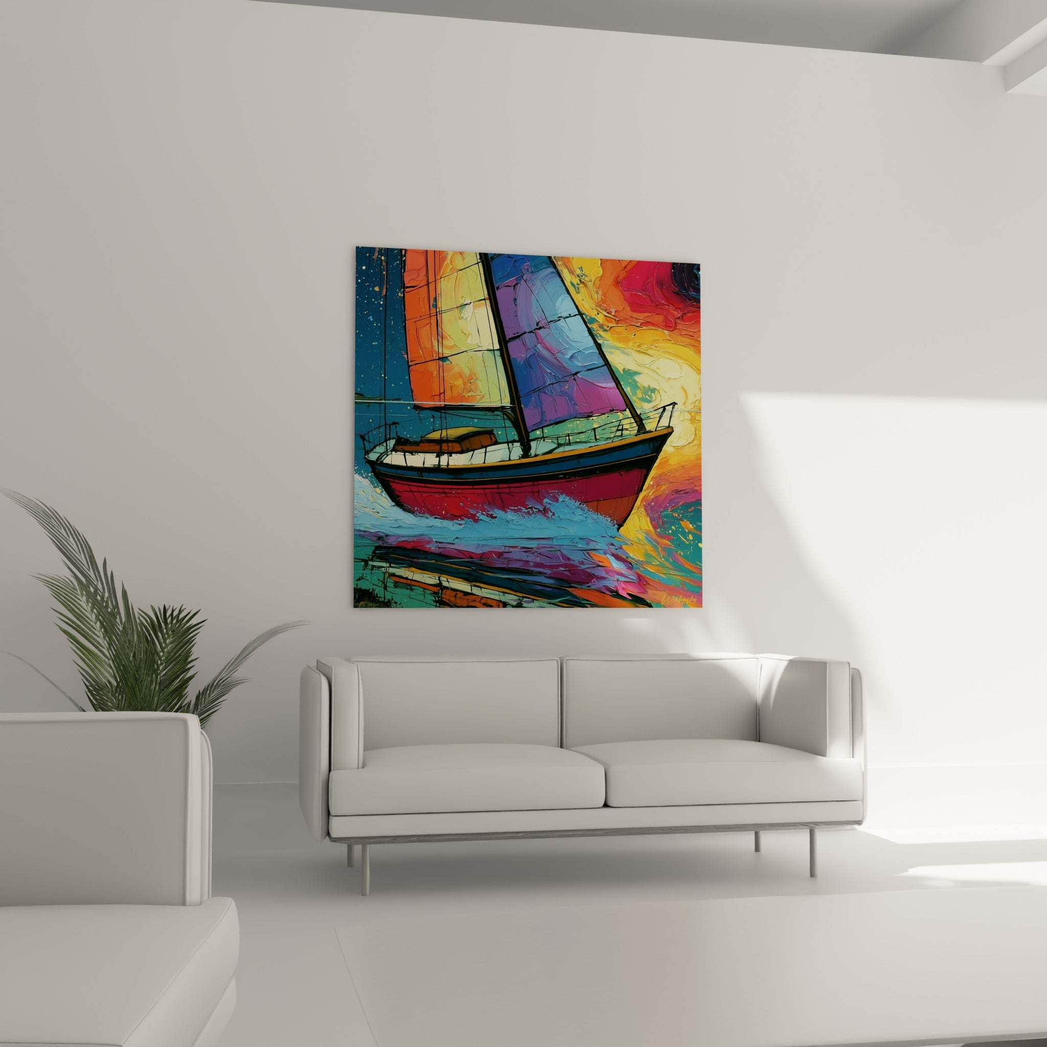 Mer agitée bleu et pourpre autour d'un voilier rouge accroché au-dessus d'un canapé dans un salon lumineux