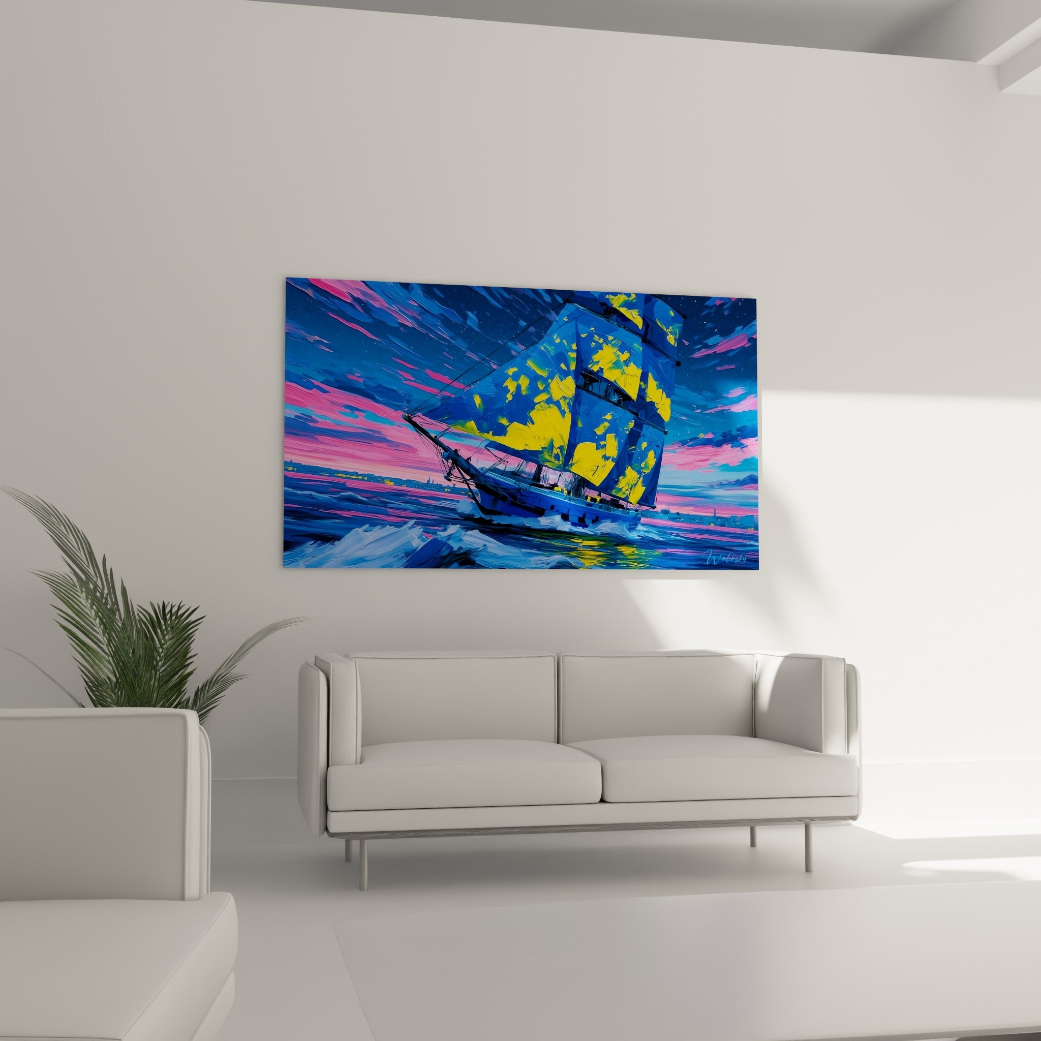 Grand voilier bleu marine voguant sous un ciel rose, au-dessus d'un canapé dans un salon lumineux