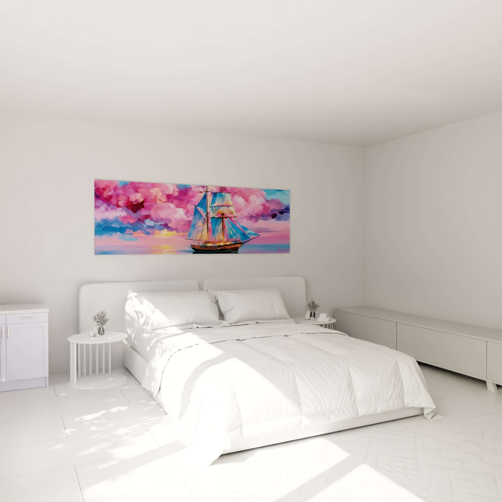 Bateau abstrait doré et rose glissant sur l'eau, accroché au-dessus d'un lit dans une chambre claire