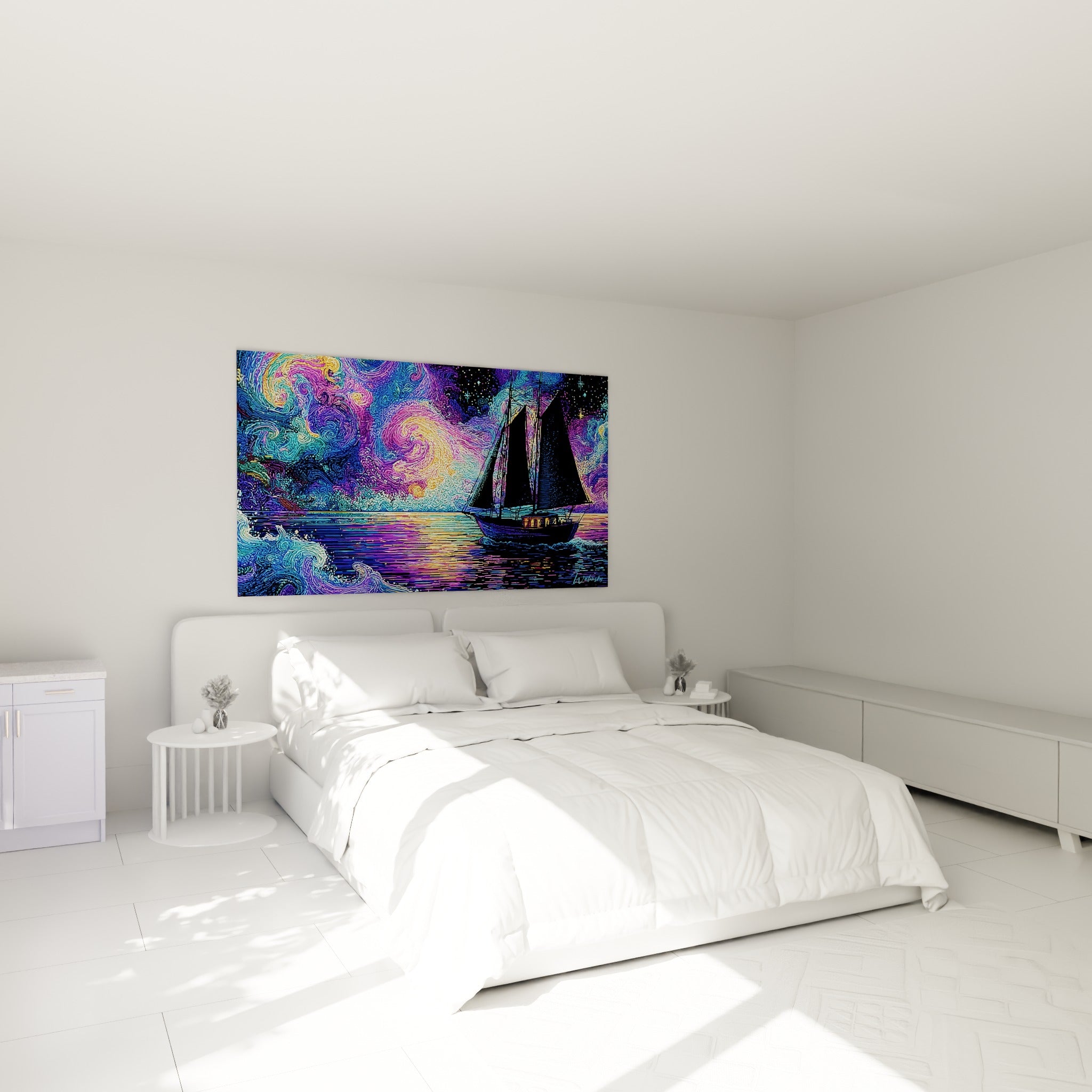Silhouette de voilier noir sur vagues turquoise et violettes, tableau bateau abstrait au-dessus d'un lit dans une chambre claire