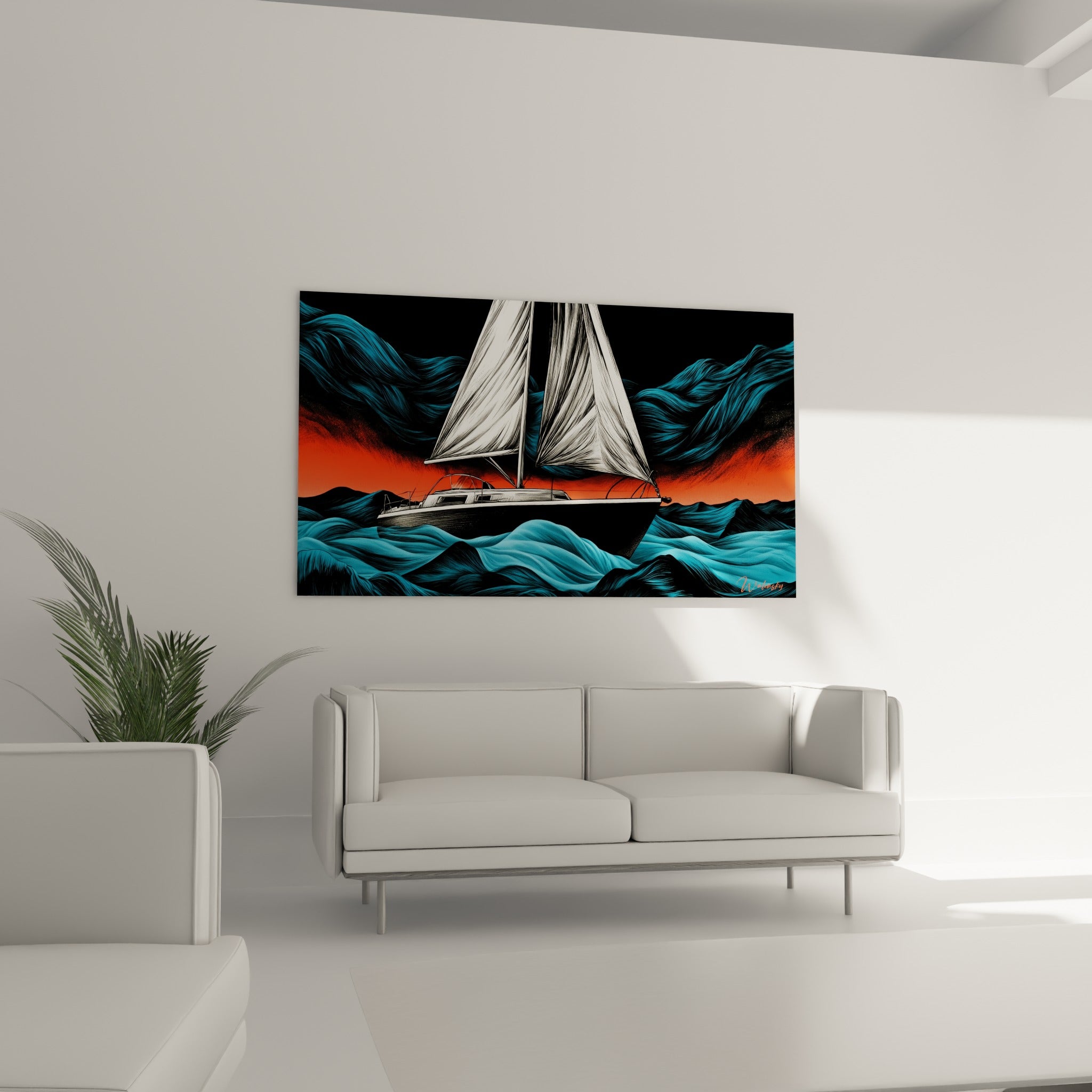 Voilier noir traversant des vagues bleu turquoise sous horizon orange, accroché au-dessus d'un canapé dans un salon lumineux