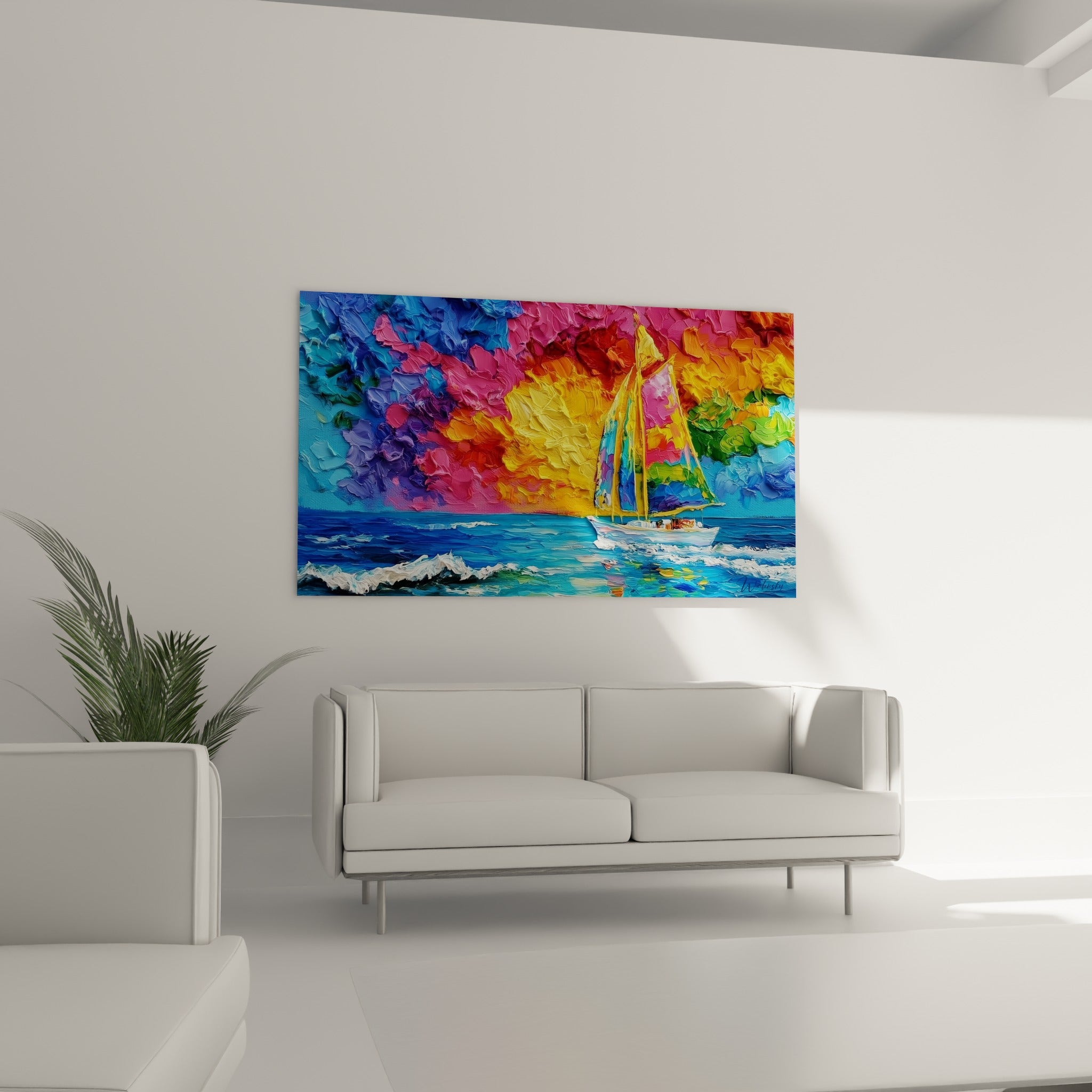 Bateau abstrait aux voiles jaunes et turquoise fendant les vagues, au-dessus d'un canapé dans un salon lumineux