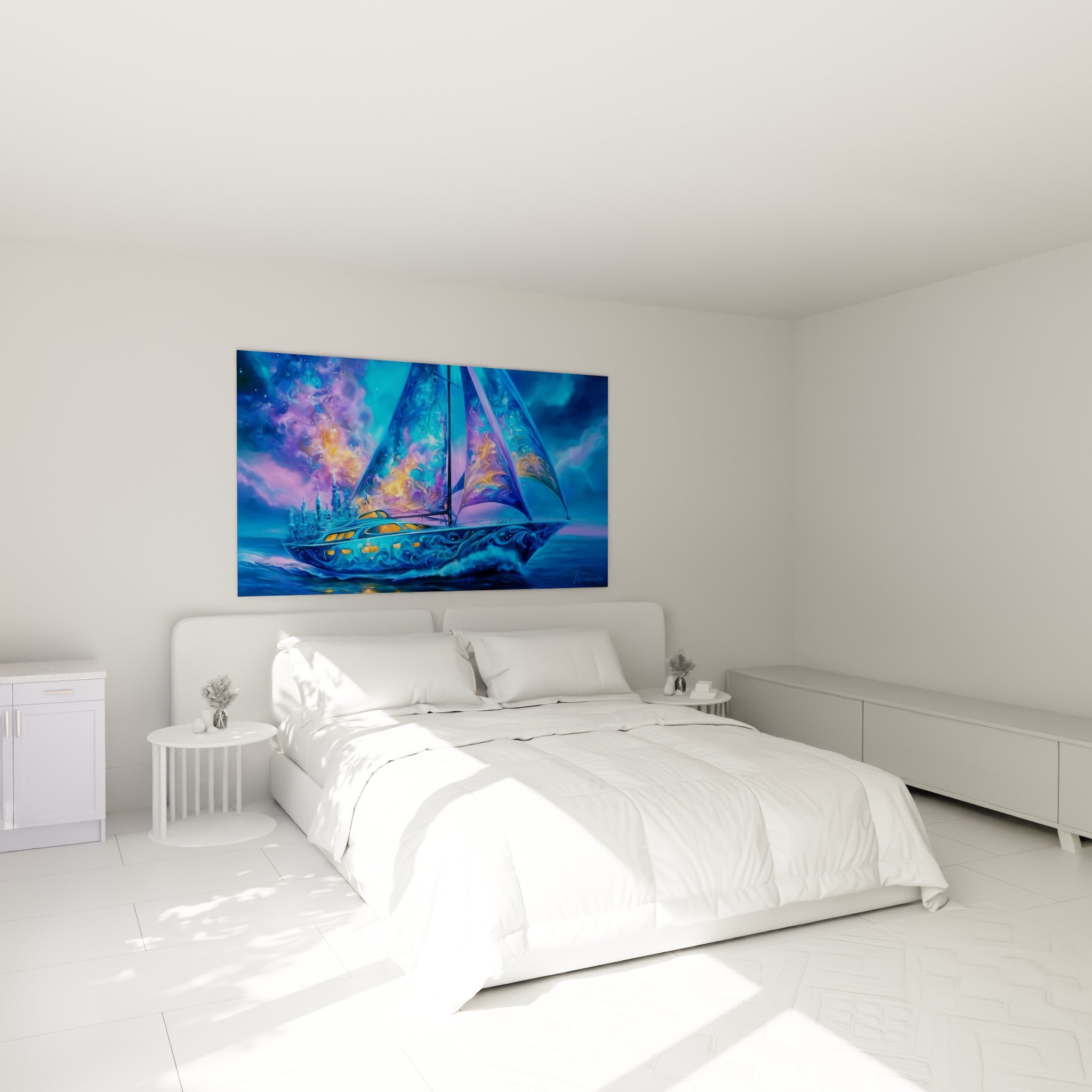 Navire tourbillonnant bleu turquoise et orangé au-dessus d'un lit dans une chambre claire
