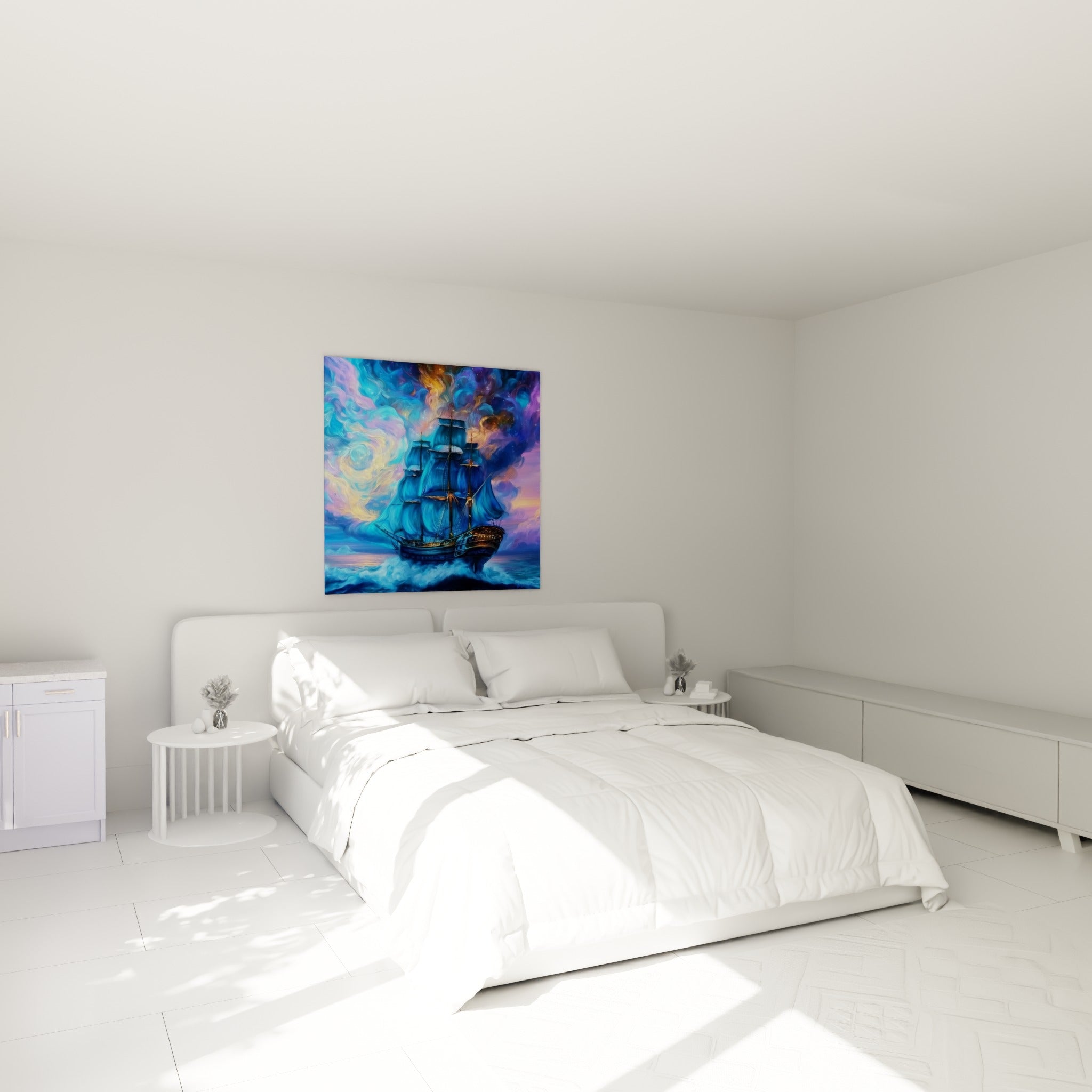Navire à trois mâts bleu et doré traversant l'écume, accroché au-dessus d'un lit dans une chambre claire