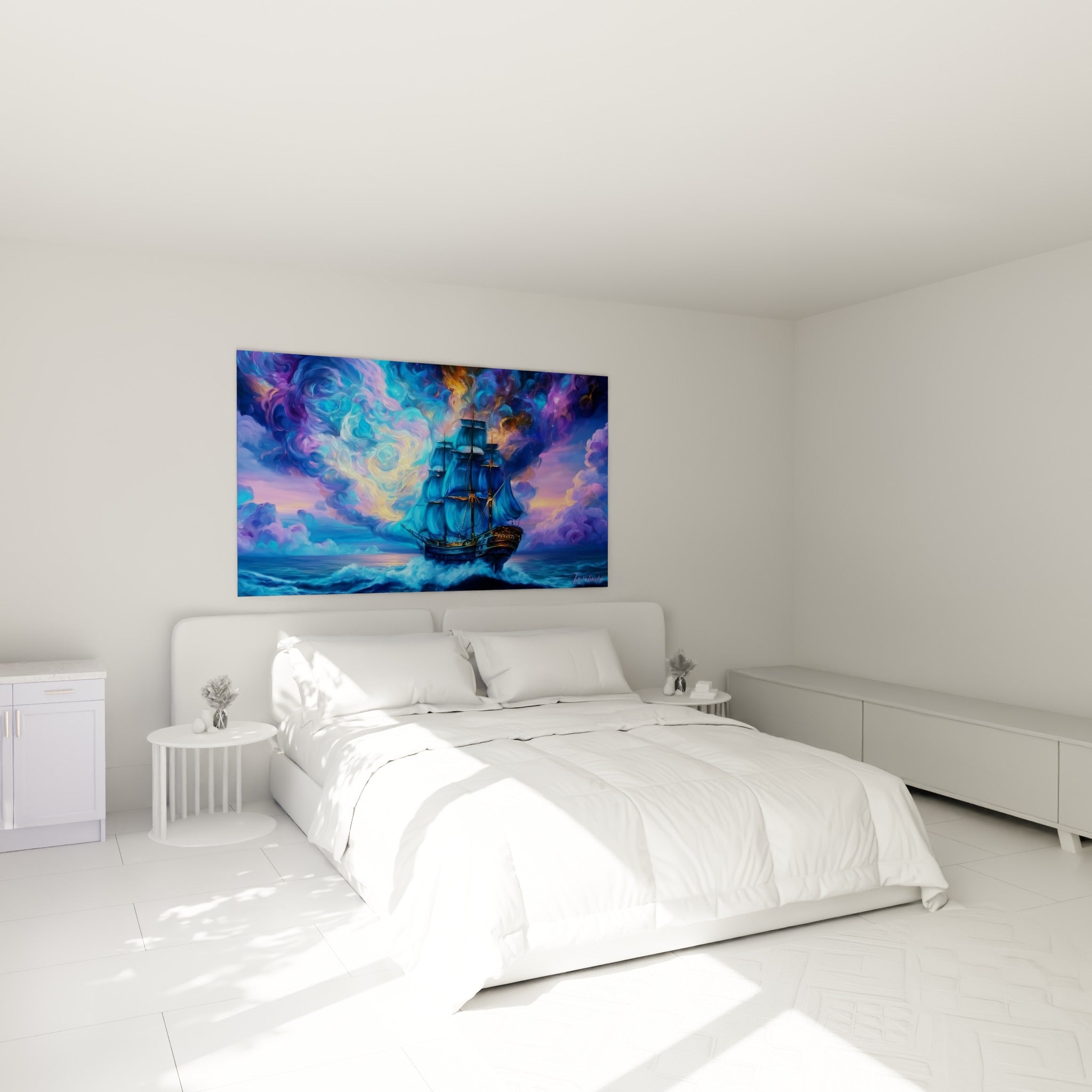 Navire ancien fendant les vagues bleues sous un ciel violet, au-dessus d'un lit dans une chambre claire
