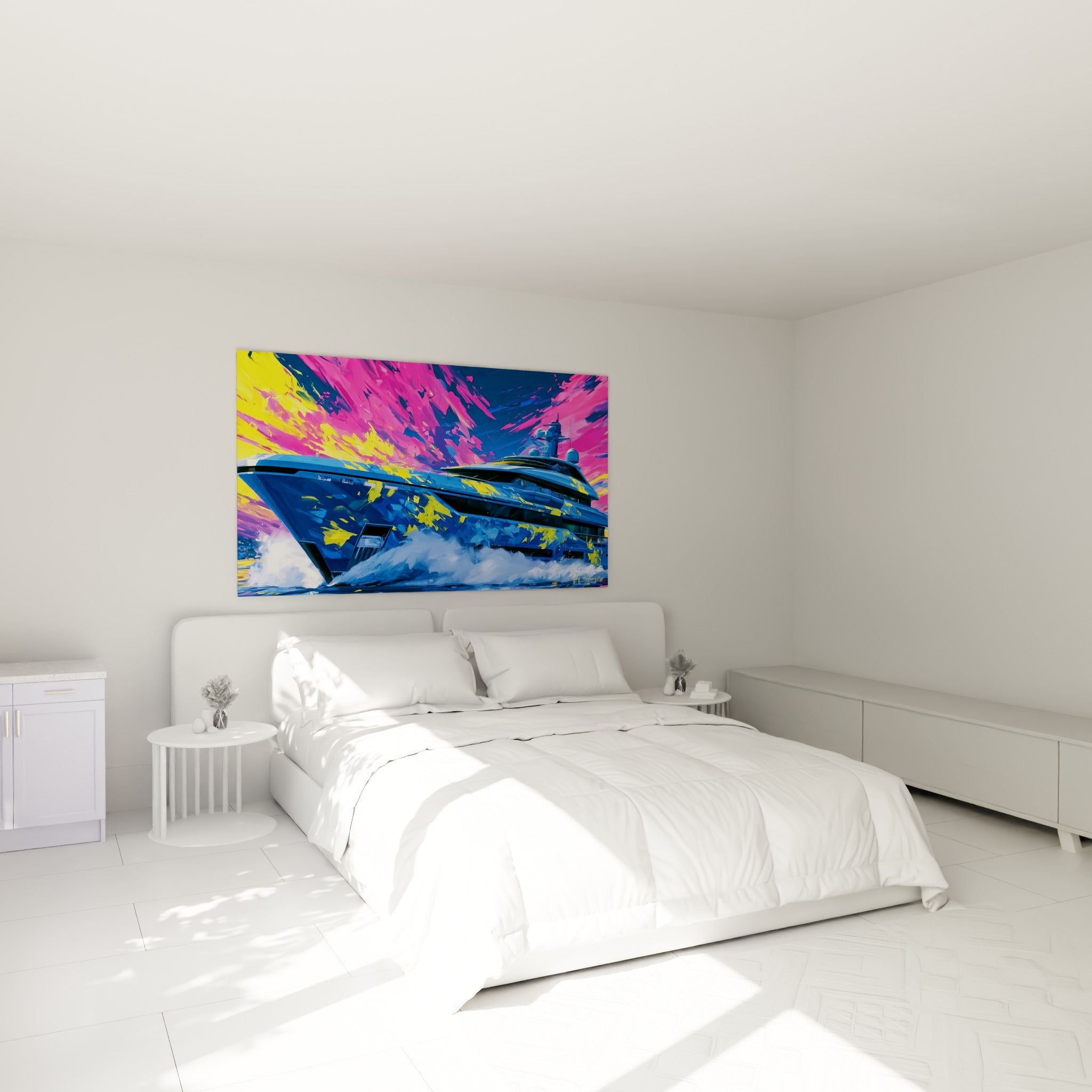 Navire bleu marine et rose fuchsia en pleine vitesse au-dessus d'un lit dans une chambre claire