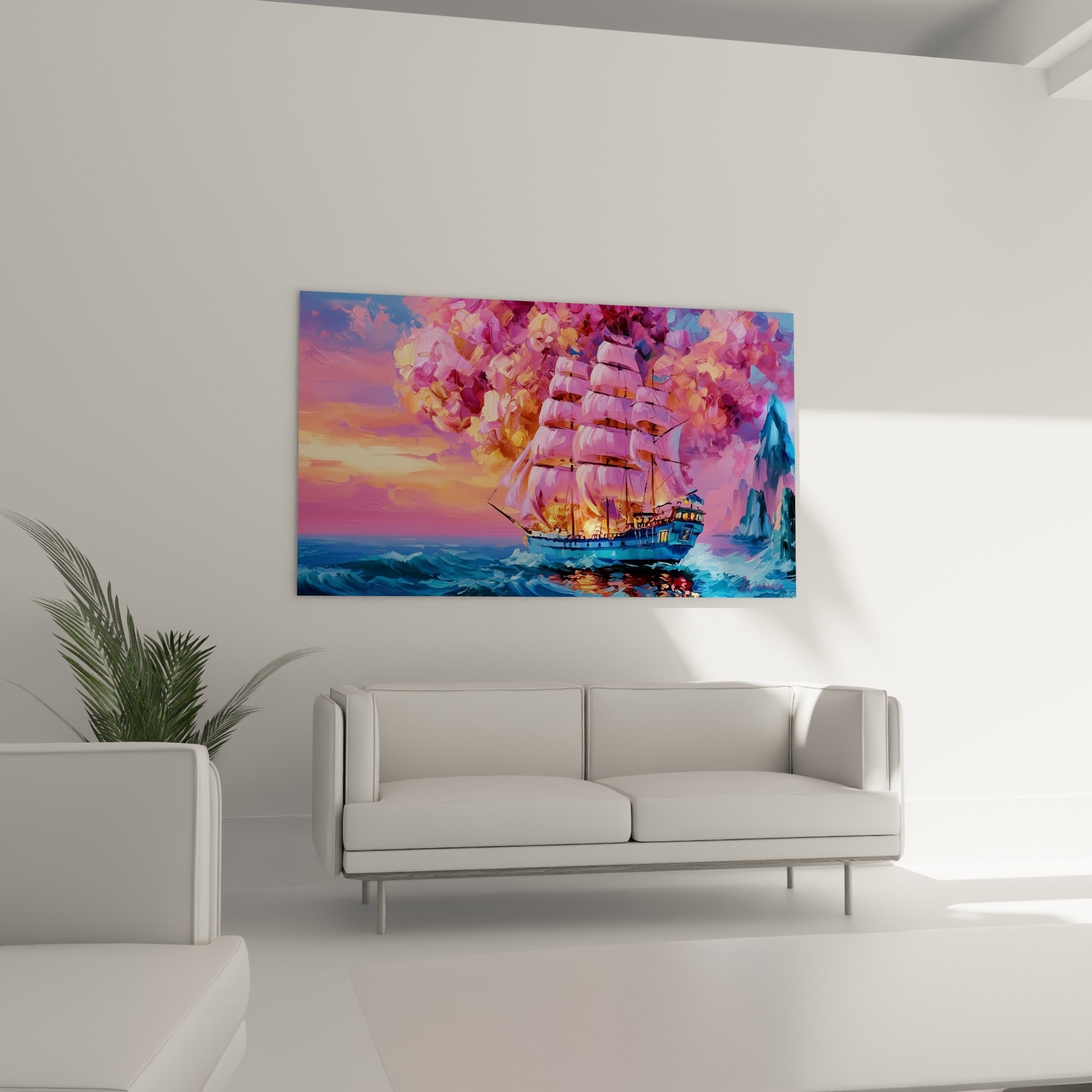Navire aux voiles roses et dorées voguant sur des vagues bleu marine, au-dessus d'un canapé dans un salon lumineux