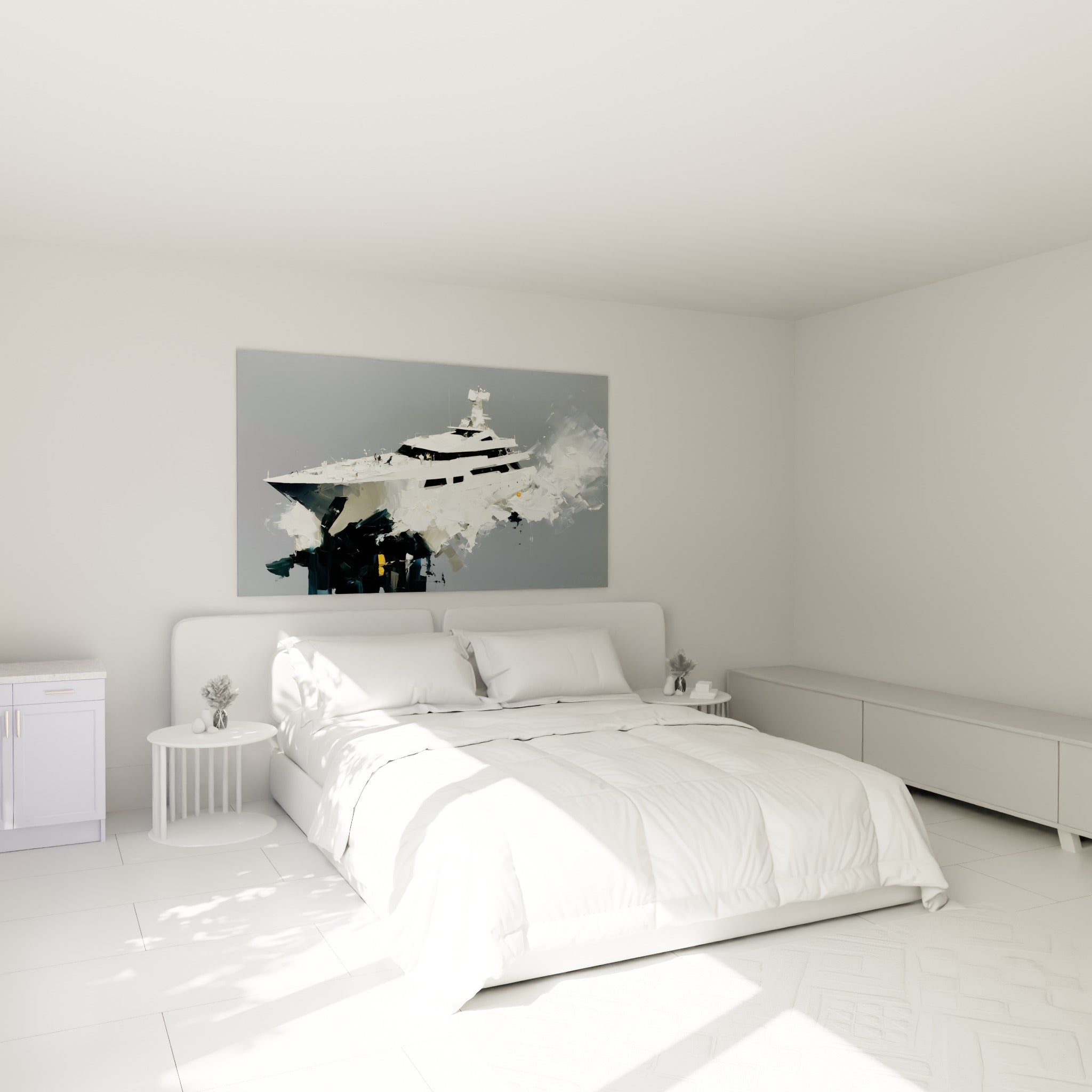 Navire blanc sculpté en peinture épaisse, tableau bateau abstrait au-dessus d'un lit dans une chambre claire