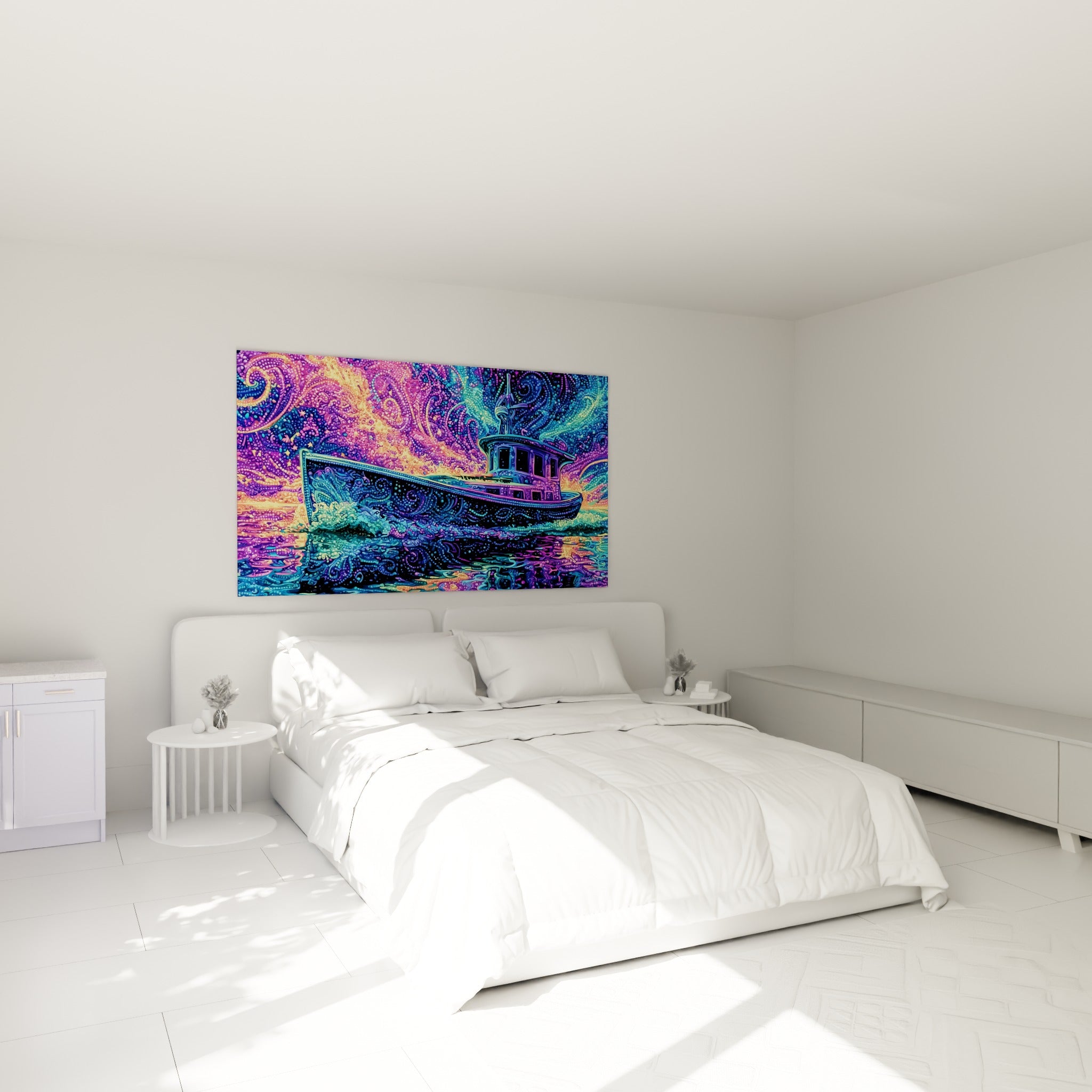 Bateau abstrait bleu marine et doré aux volutes lumineuses, accroché au-dessus d'un lit dans une chambre claire