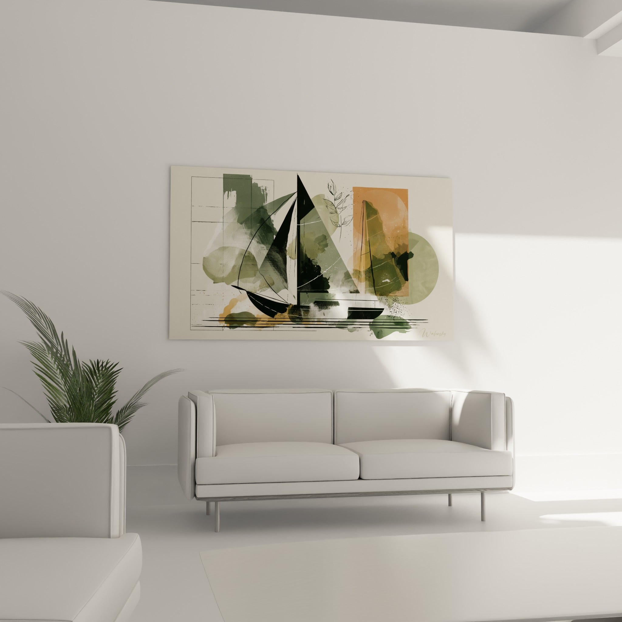 Bateau stylisé en noir et vert sauge accompagné de touches terracotta, au-dessus d'un canapé dans un salon lumineux