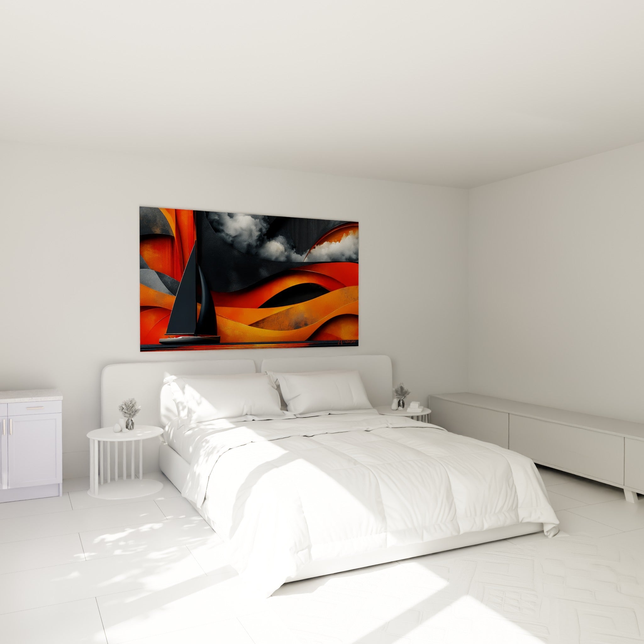 Voile sombre fendant des flots orange et gris, tableau bateau abstrait au-dessus d'un lit dans une chambre claire